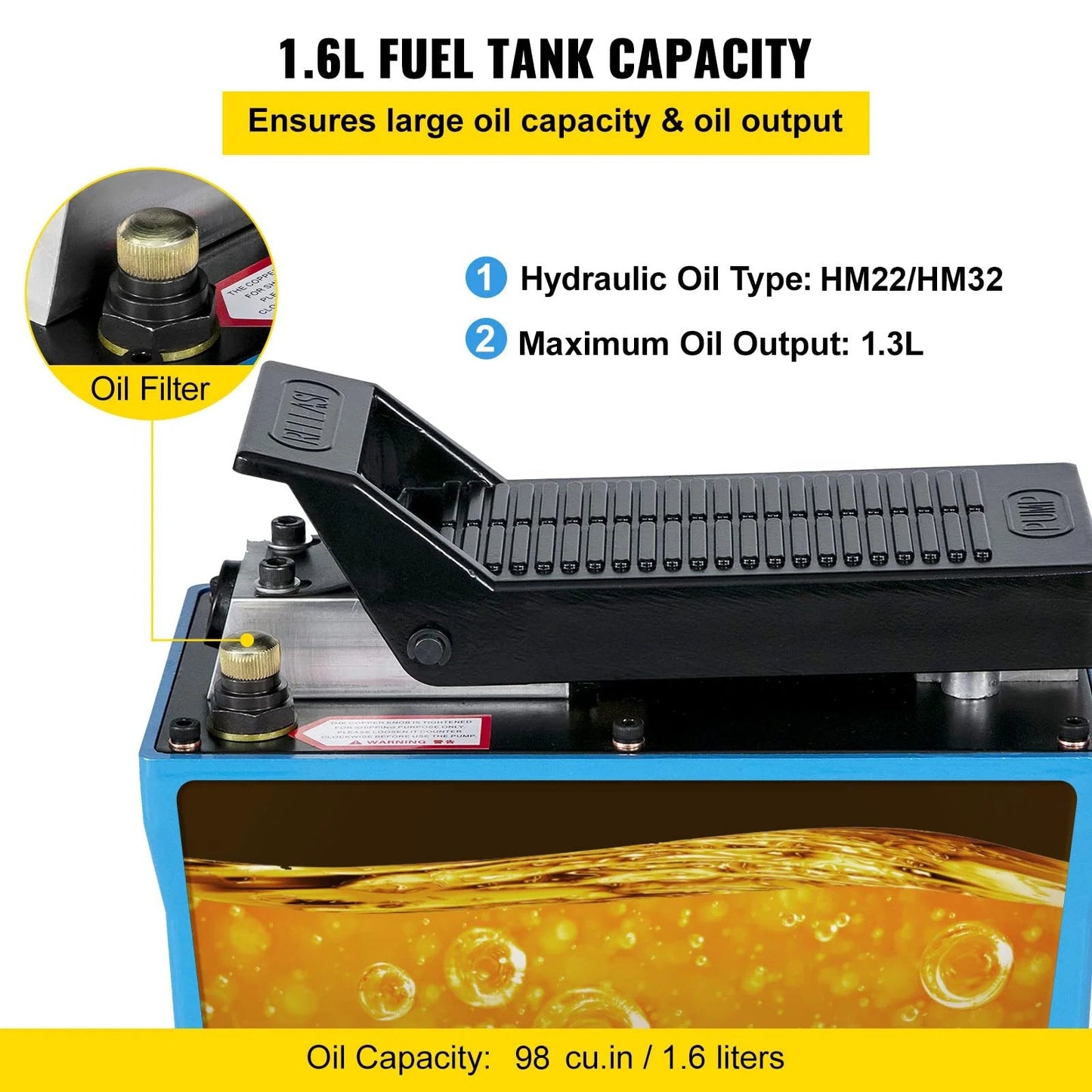 Heavy Duty Air Over Hydraulic Foot Pump 10000 PSI Workhorse With 1/2 Gallon Reservoir, 3/8 NPT, hydraulic oil type details
