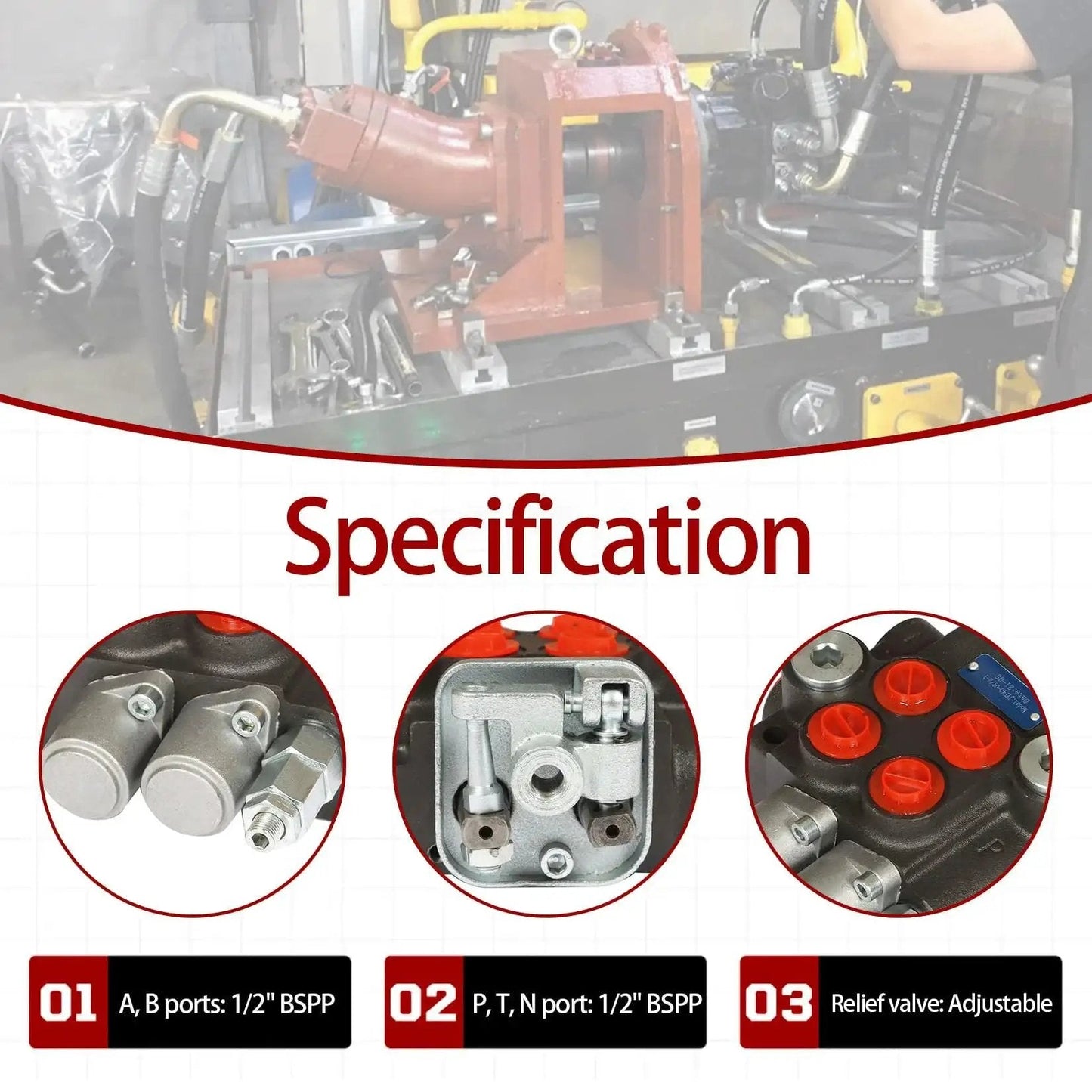 Two Spool 11 GPM Hydraulic Control Valve 3600 PSI BSPP; valve ports and adjustable relief valve shown in close-up images.