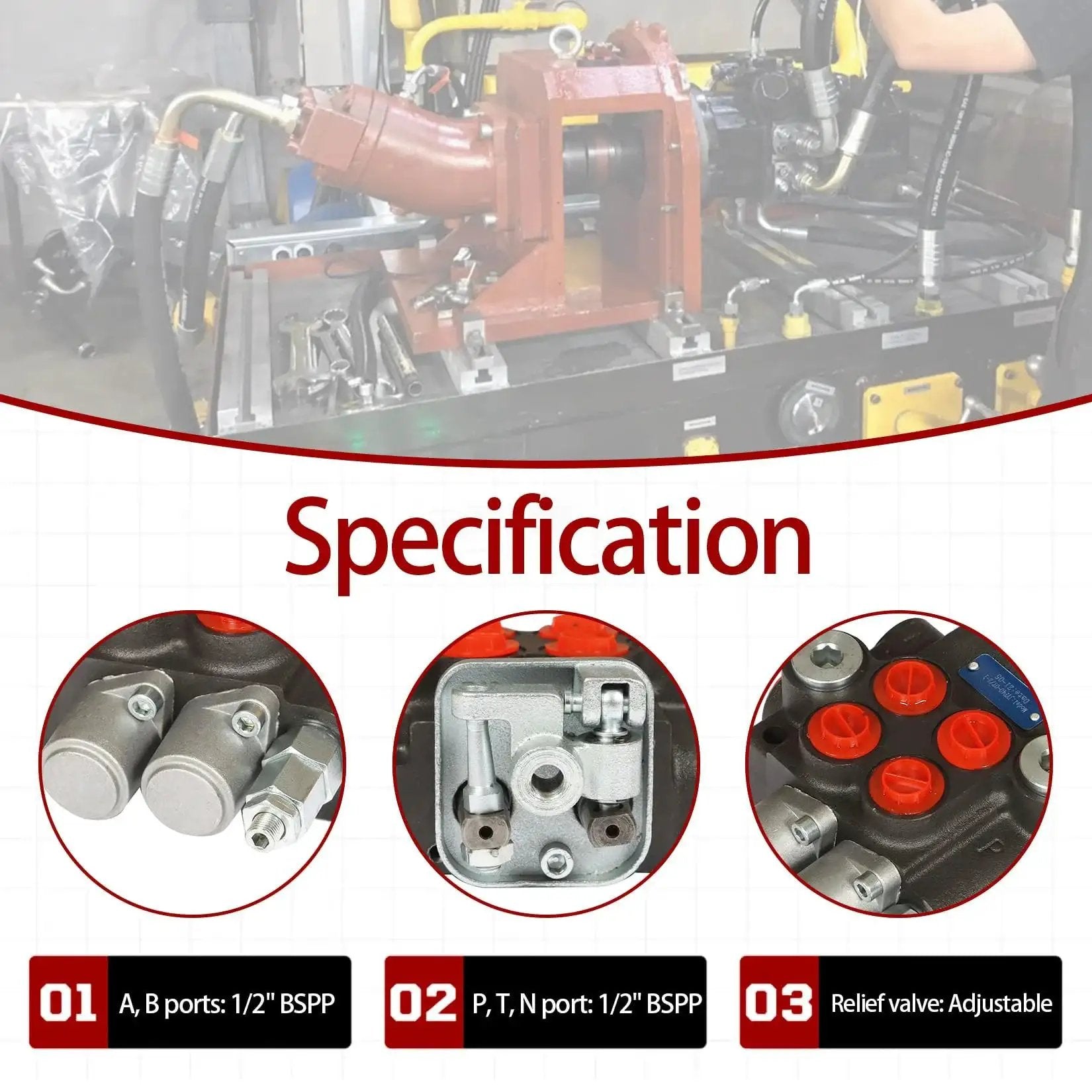 Two Spool 11 GPM Hydraulic Control Valve 3600 PSI BSPP; valve ports and adjustable relief valve shown in close-up images.