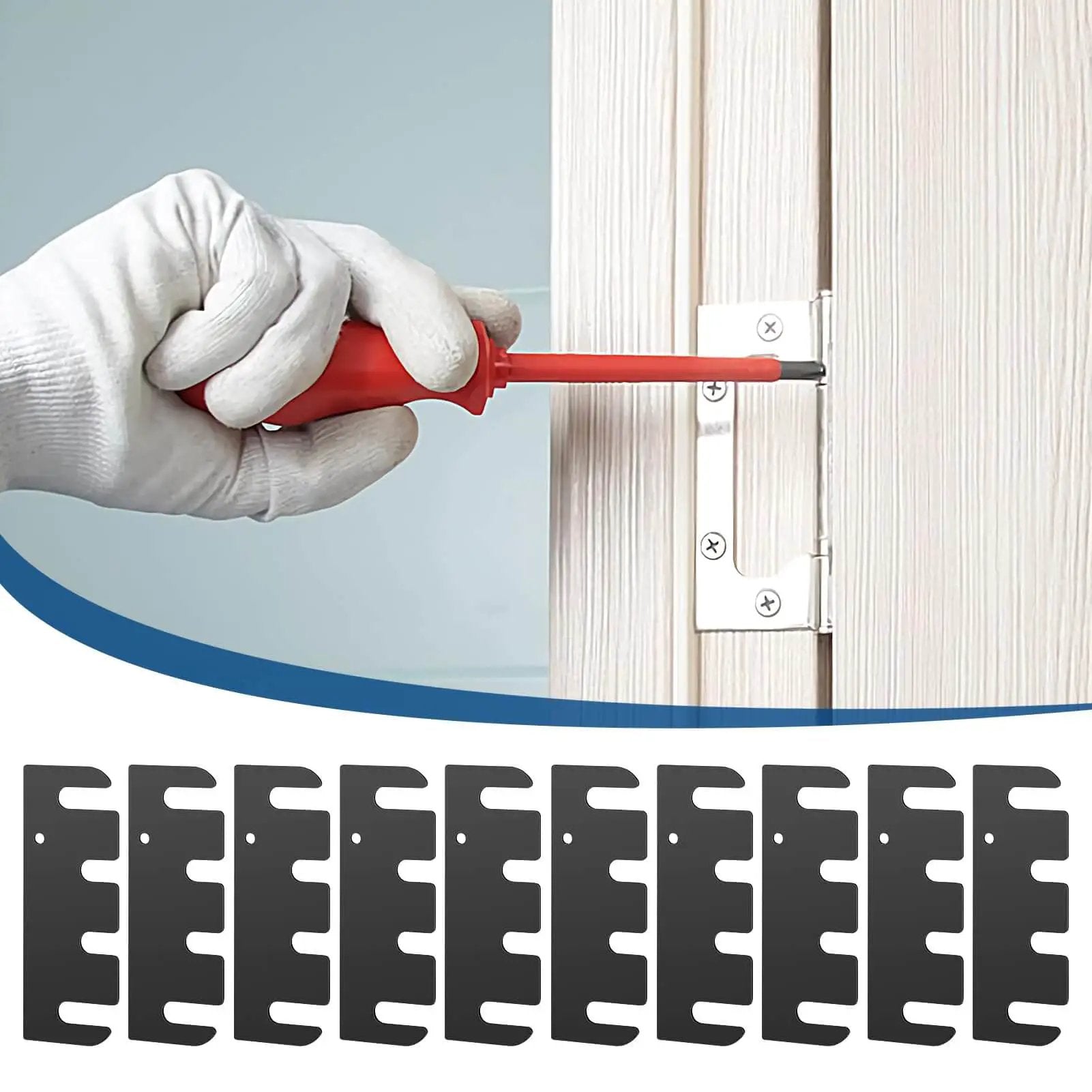 Ten Piece Door Hinge Filler Plates Kit With Stainless Steel Spacers 4x1.5 Inch Adjustable For Cabinet Repair DIY Friendly Rust Resistant Gap Filler For Kitchen And Home Improvement shown with installation on door hinge