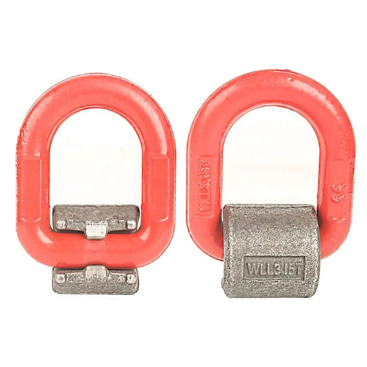 Front view of 3.15 Ton Heavy Duty Welded Lifting Ring G80 Forged Alloy Steel D Ring Attachment, red and silver, 3/4 in diameter.