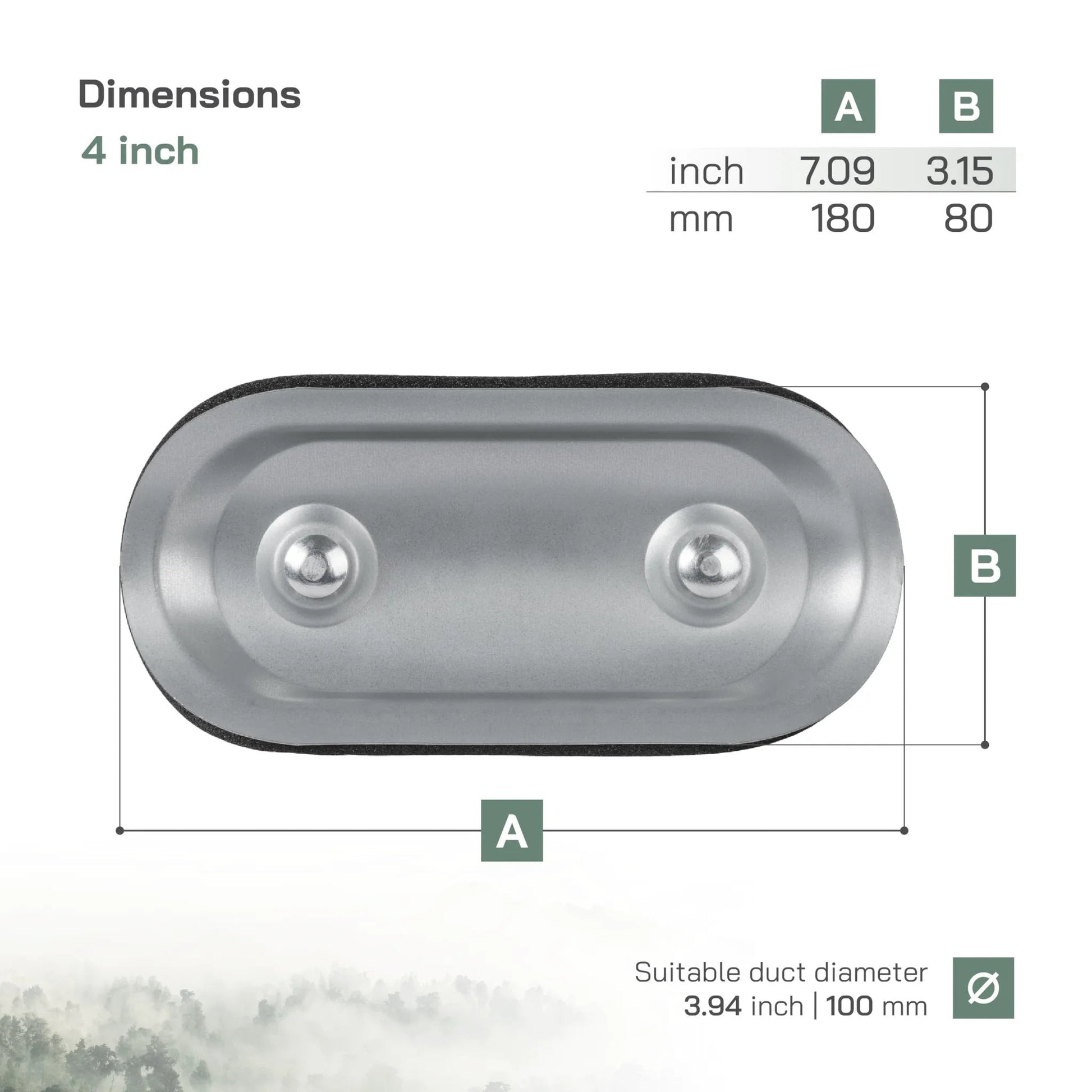 Top view of a 4 Inch Round Duct Access Door with rubber gasket and galvanized steel cover, showing dimensions and suitable duct size.
