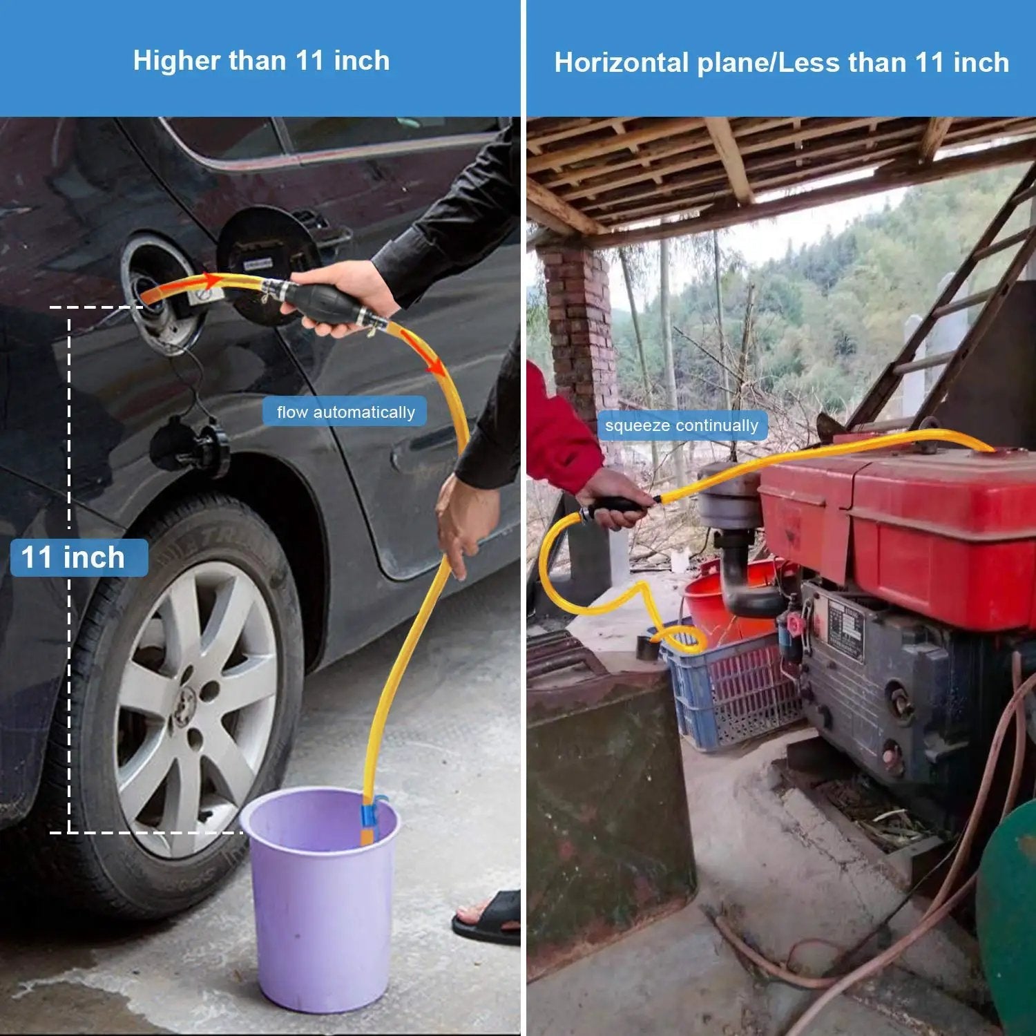 Fast Start Siphon Pump For Gasoline Diesel Transfer in use; siphoning fuel from a car to a bucket and generator.