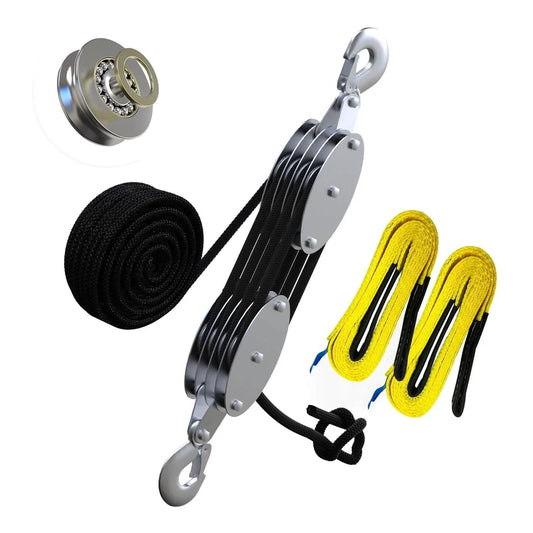 Rope Hoist Pulley System With Metal Bearing 4400lb Block And Tackle 8 To 1 Lift 65ft Heavy Duty With 2 Straps shown with components