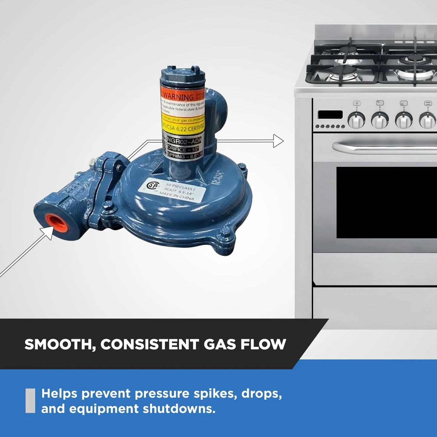 Natural Gas And Propane Regulator With Internal Relief Valve For Low Pressure One Half Inch NPT 10 PSI Max High Flow next to stove
