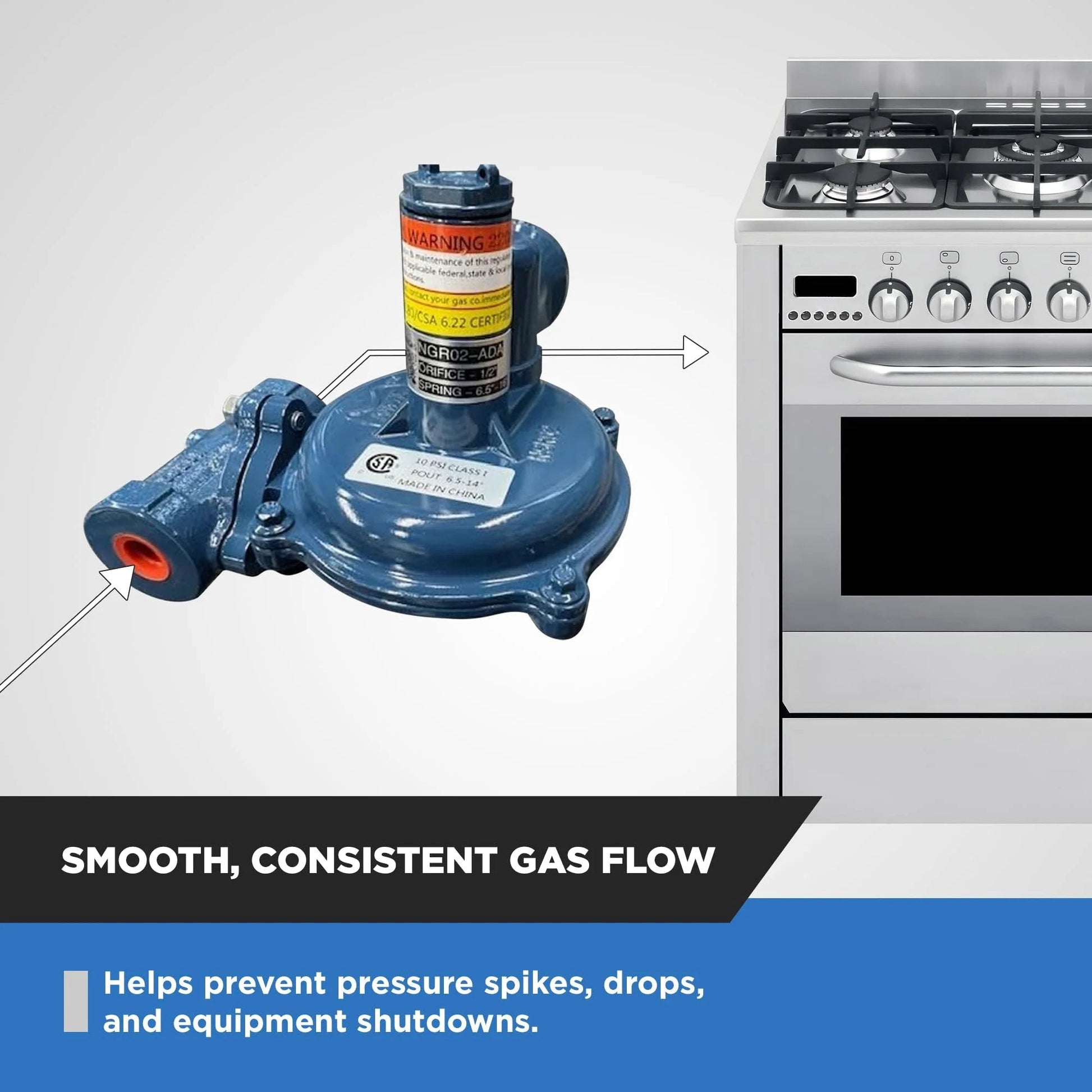 Natural Gas And Propane Regulator With Internal Relief Valve For Low Pressure One Half Inch NPT 10 PSI Max High Flow next to stove