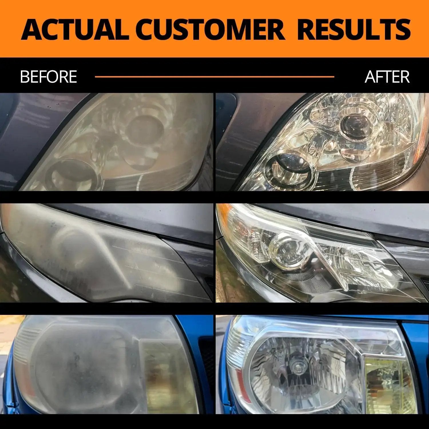 Before and after results using Headlight Restoration Kit With Ceramic Coating Wipes For Clear Lasting Results on car headlights