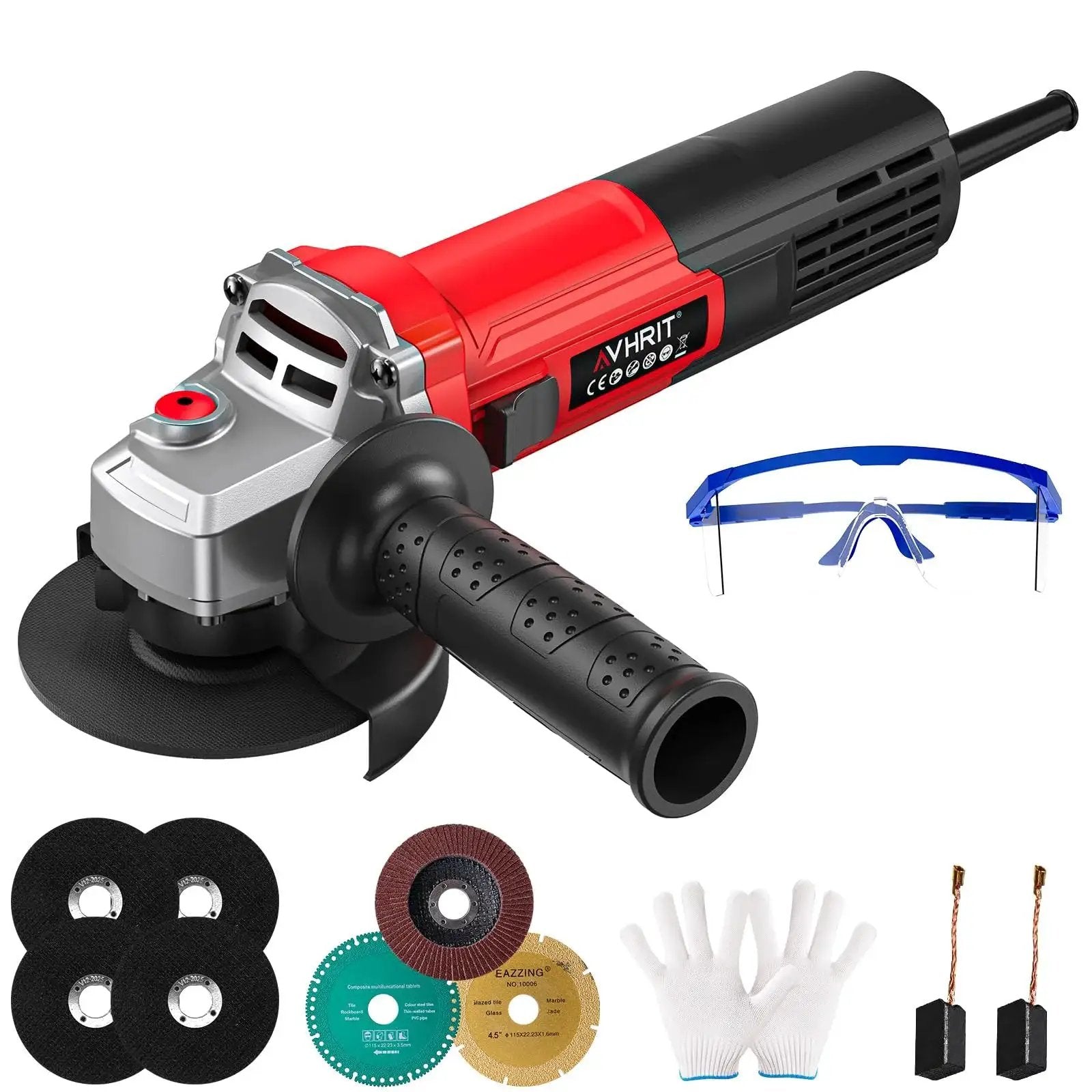 Powerful Four And A Half Inch Angle Grinder With Ten Amp Motor Delivers Up To One Thousand Two Hundred Watts And Thirteen Thousand RPM For Cutting Metal Grinding Concrete And Polishing Surfaces In DIY And Professional Projects with accessories including blades, safety glasses, and gloves.