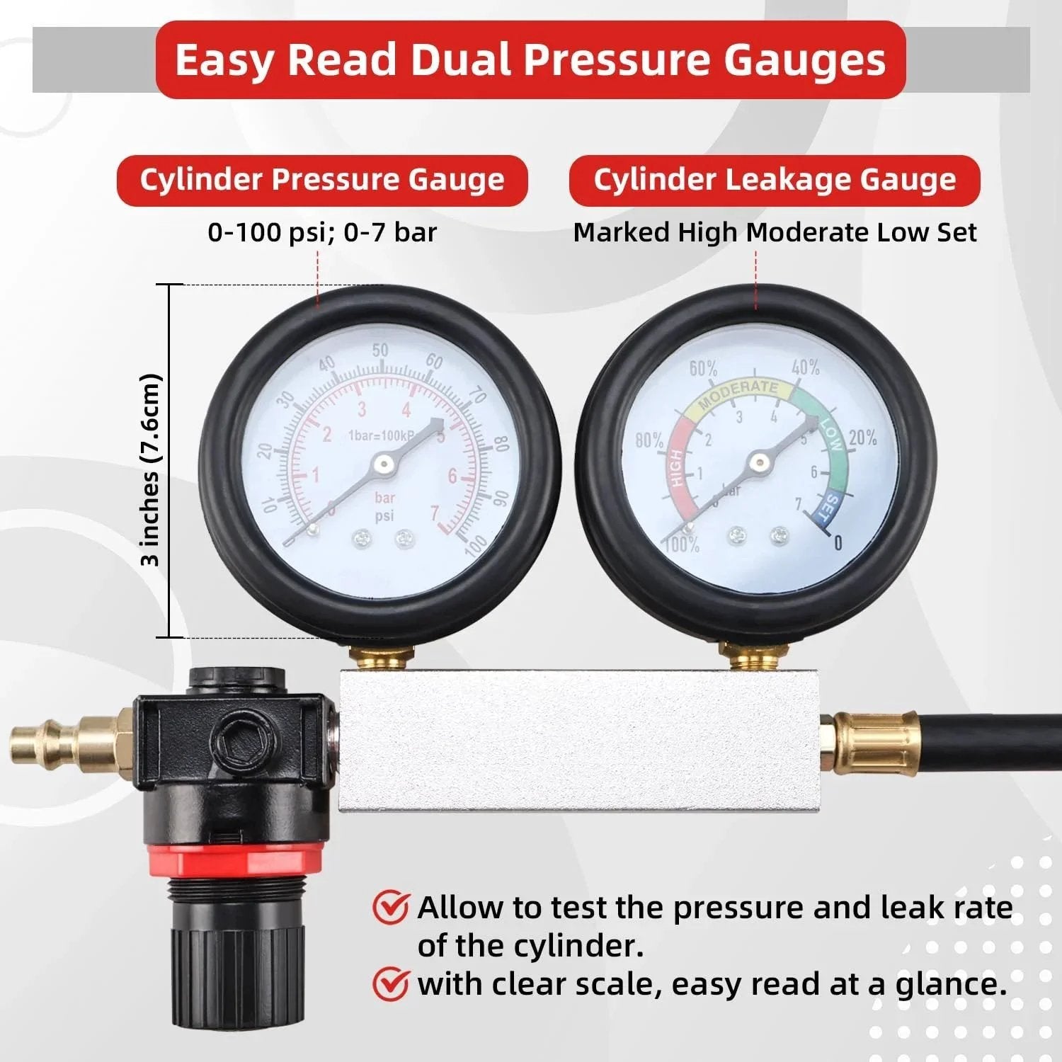Cylinder Leak Down Tester Kit For Gasoline Engines With Dual Pressure Gauges Easy Read Diagnostic Gear For Compression Leaks Tu21 Detector Pro Grade 8MILELAKE showing close-up of dual gauges with measurements.