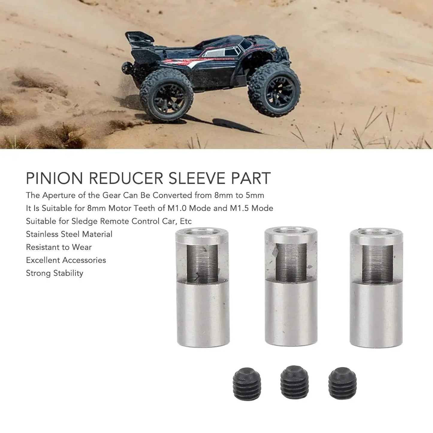 3 Pack Pinion Reducer Sleeve 8mm To 5mm Shaft Adapter For RC Cars Stainless Steel Fits M1.0 Mold And M1.5 Mold With 8mm Motor Teeth