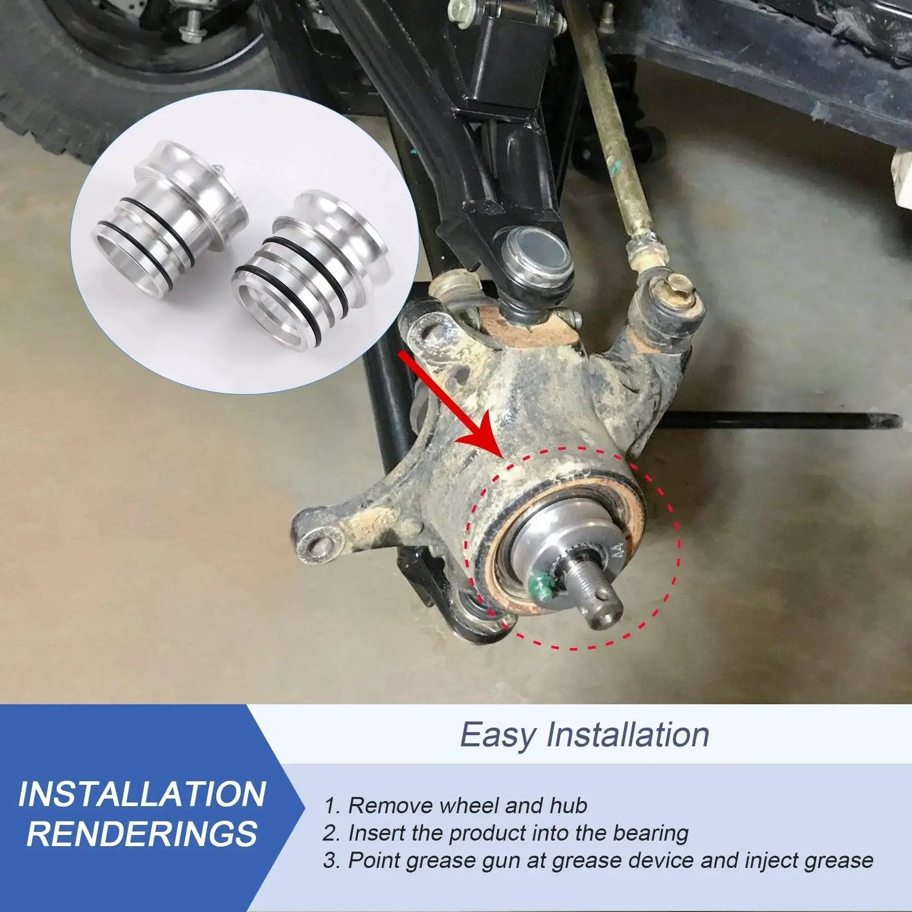 44 40mm Front And Rear Wheel Bearing Greaser Tool For Polaris, installation demo with aluminum tool and fitting instructions