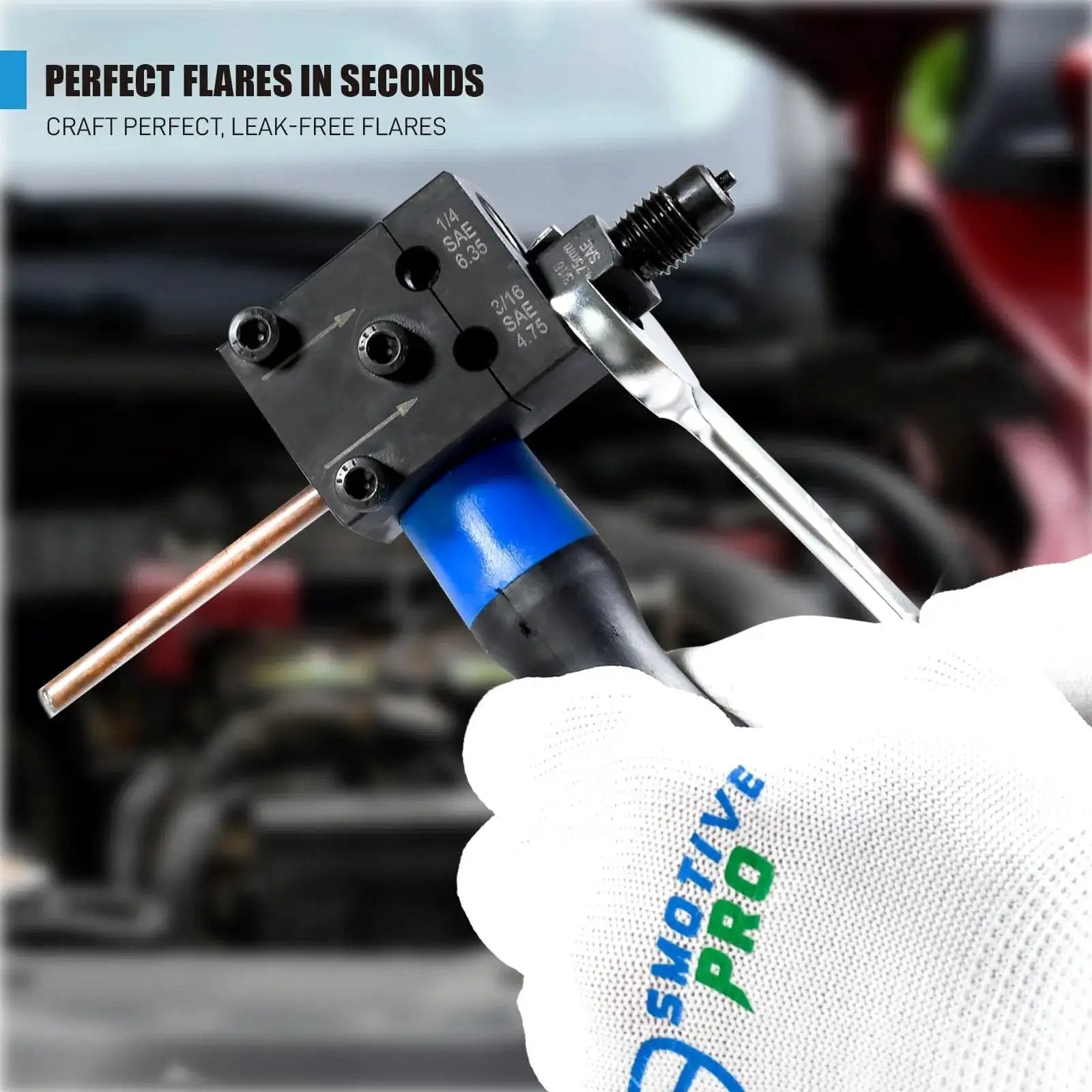 Brake Line Flaring Kit For Sixteenth And Quarter Inch SAE Double Flare handheld tool with adapters shown in use.