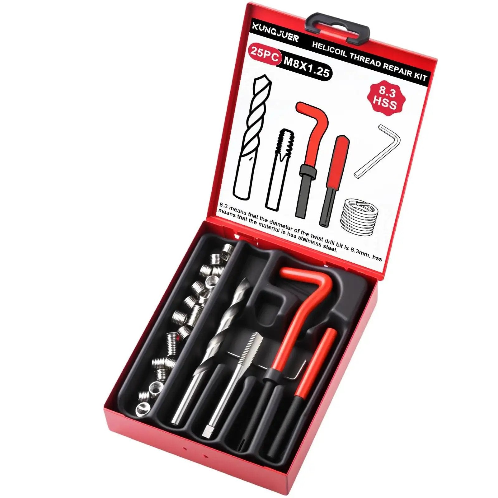 M8x1.25 Helicoil Thread Repair Kit With HSS Drill Bits And Inserts Carry Case, includes 20 inserts, drills, taps, and installation tools.