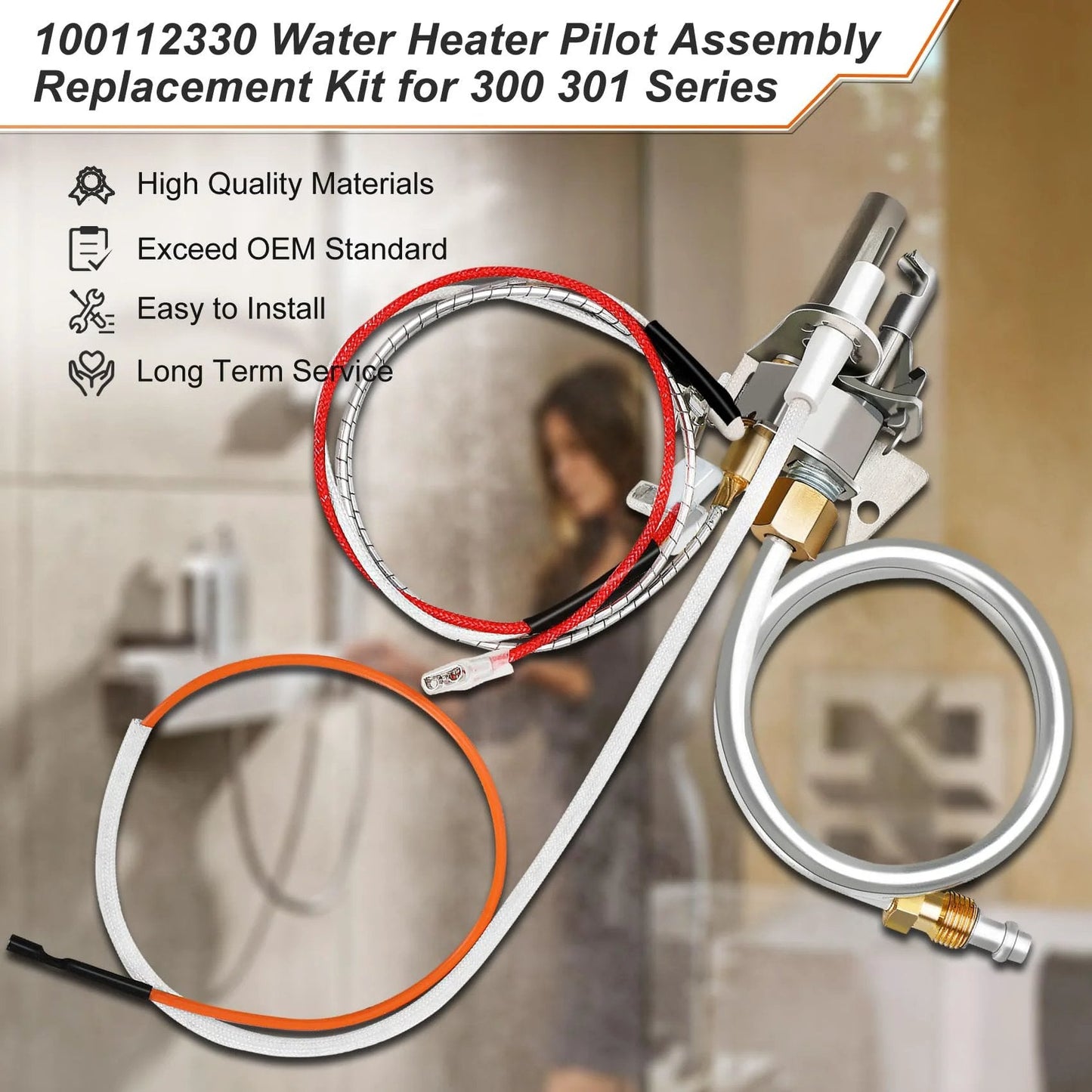 Upgrade 100112330 Water Heater Pilot Assembly For 300 And 301 Series Whirlpool And A O Smith Water Heaters Includes 9007876 Thermopile Replacement Compatible With Reliance American State Kenmore, shown with thermopile and connectors
