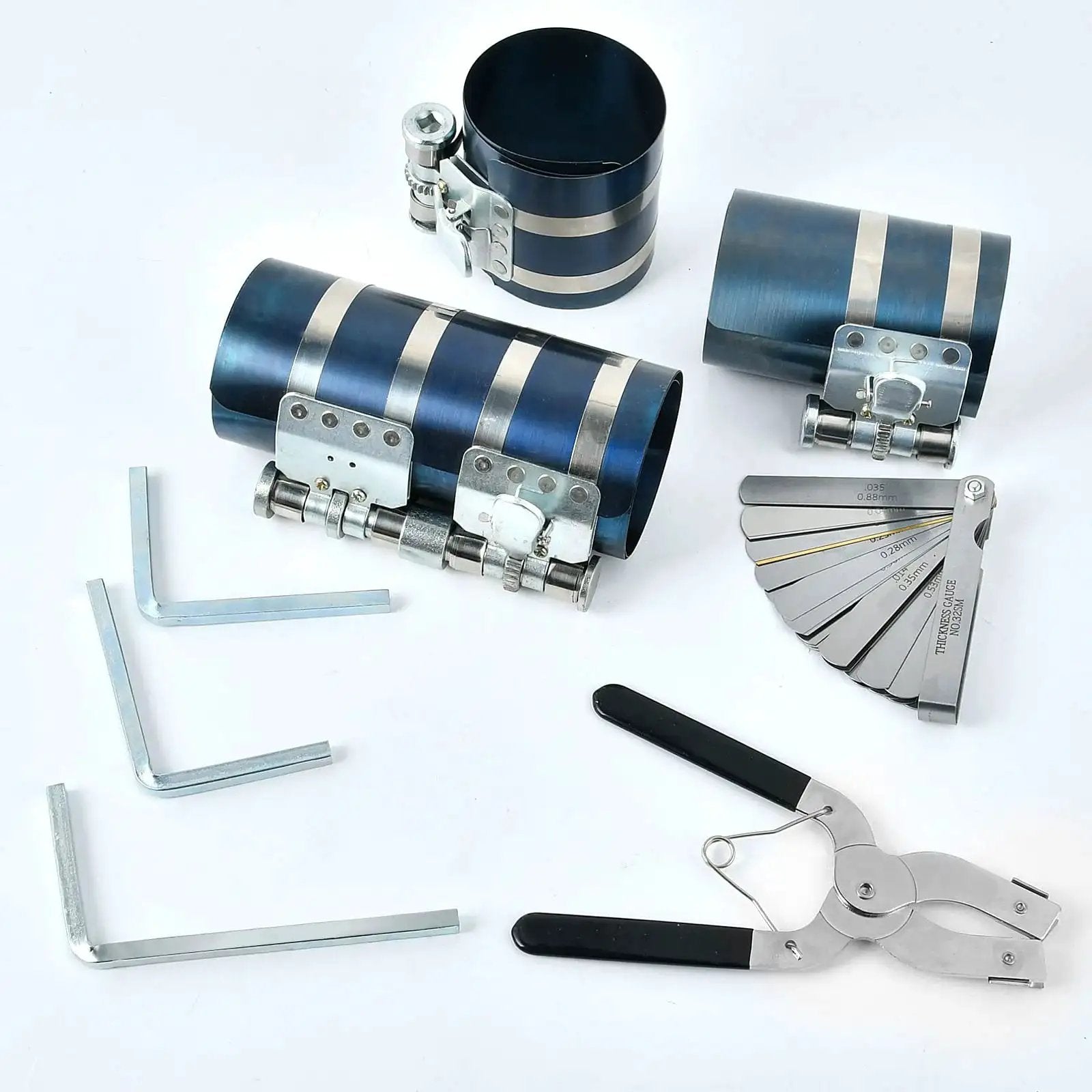 All In One 8 Piece Piston Ring Compressor Kit For Car Engines With Adjustable 3 Inch 4 Inch And 6 Inch Diameters Includes Pliers Hex Keys And Stainless Steel Feeler Gauge For Fast Engine Builds Worldity displayed on white background.