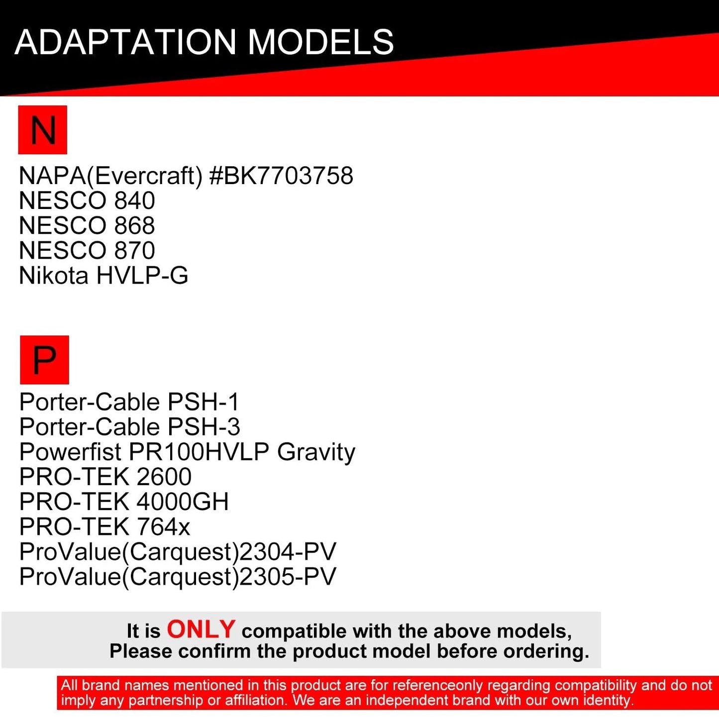 List of compatible models for spray gun adapter including NAPA and Porter-Cable.
