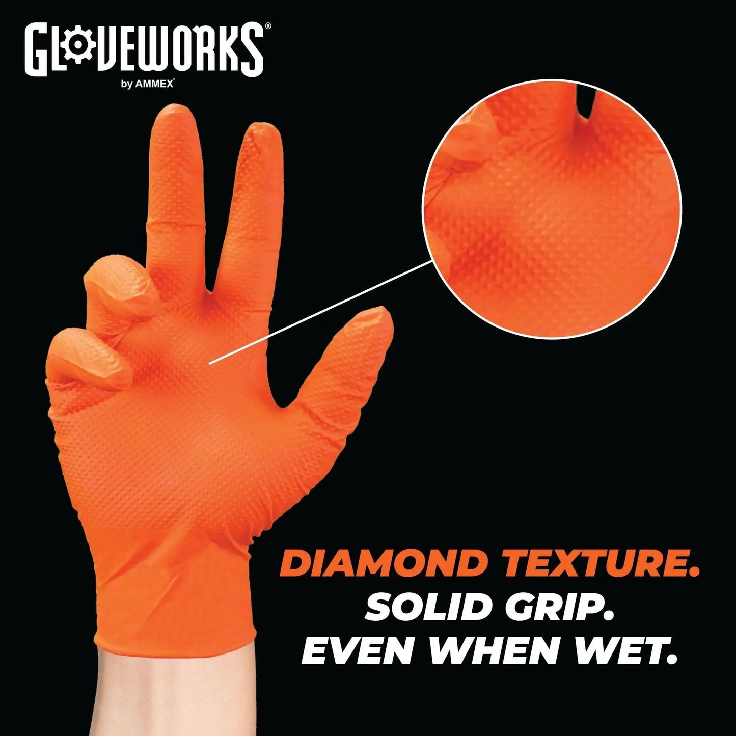 Hand wearing Orange Nitrile Work Gloves 8 Mil Heavy Duty Raised Diamond Grip Large Box 100 showing diamond texture detail.