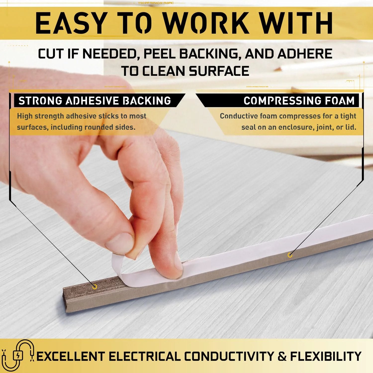 Faraday Foam Gasket For RF Enclosures, 90 Inch Long By 0.75 Inch Wide By 0.5 Inch Thick, Foam Strip Covered In High Shielding Conductive Fabric With Adhesive Backing, showing installation by peeling adhesive.