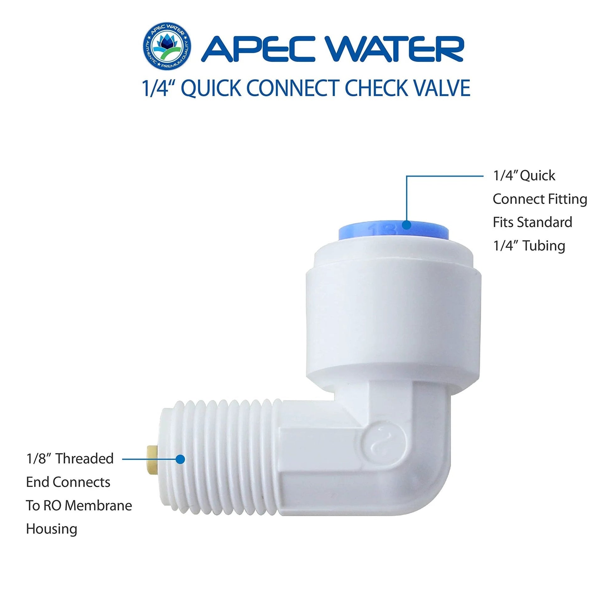 One Quarter Inch Quick Connect Check Valve Replacement Part For Under-Sink Systems Fits Models RO-90 RO-PH90 RO-PERM RO-PUMP ROES-50 ROES-75 ROES-PH75 ROES-UV75 And ROES-UV75-SS Lightweight And Easy To Install By APEC, showing side view with threaded end and quick-connect valve.