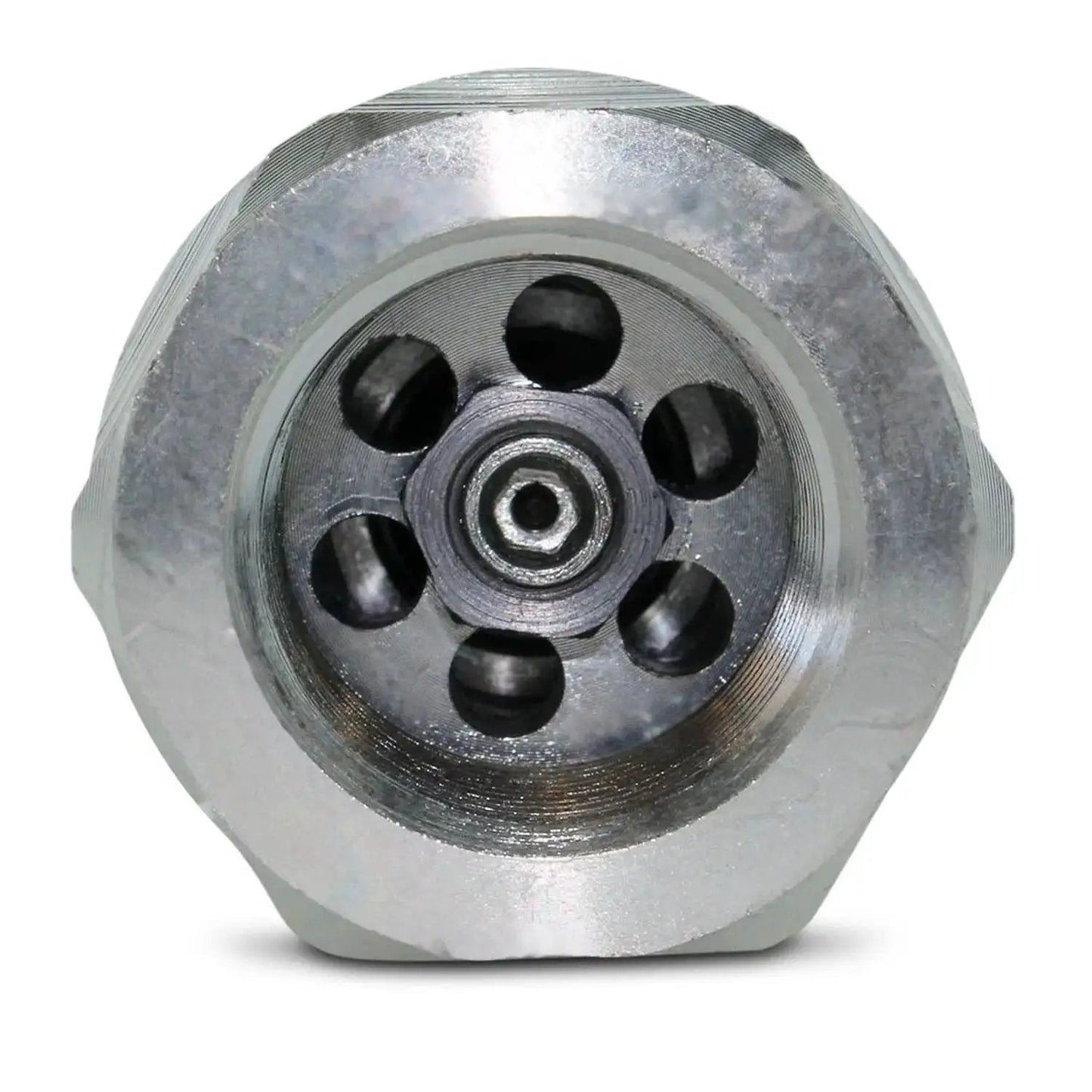 Close-up of the Flat Face Three Quarters Inch NPT Hydraulic Quick Disconnect Couplers Set For Skid Steers With Dust Caps High Flow Performance.