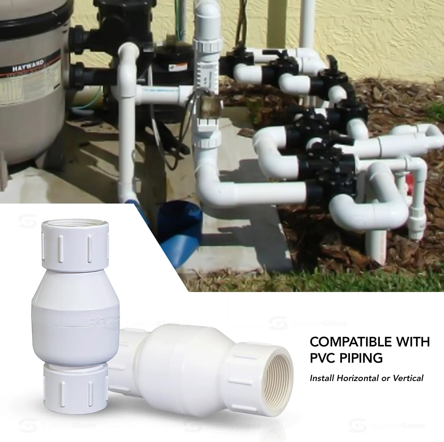 PVC Inline Check Valve For Backflow Prevention Three Quarter Inch FIP White Plastic Not For Potable Water Stainless Steel Spring Loaded With EPDM O Rings And TPE Seats For A Leak Free Seal shown with pool piping system.