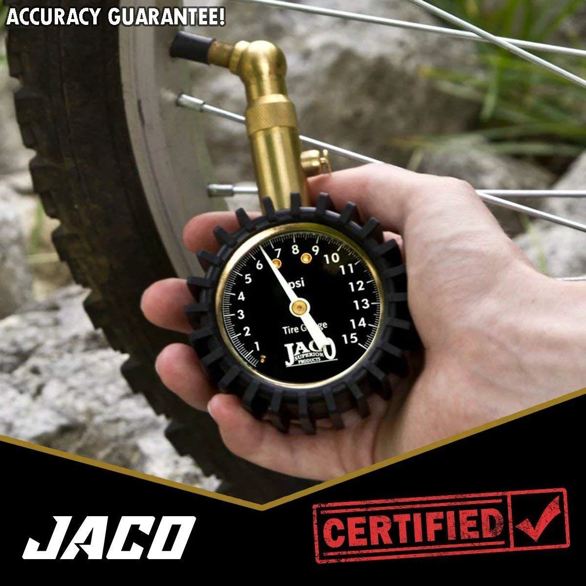 Pro Grade Low Pressure Tire Gauge 0 To 15 PSI For ATVs And UTVs being used, showing brass build and glow-in-dark dial, ANSI calibrated.