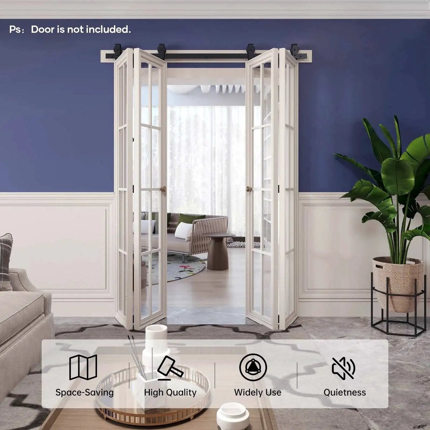 Interior view with installed 64 Inch Bifold Barn Door Hardware Track Kit for Four 15 Inch Closet Doors, top mount, black finish, no door included.