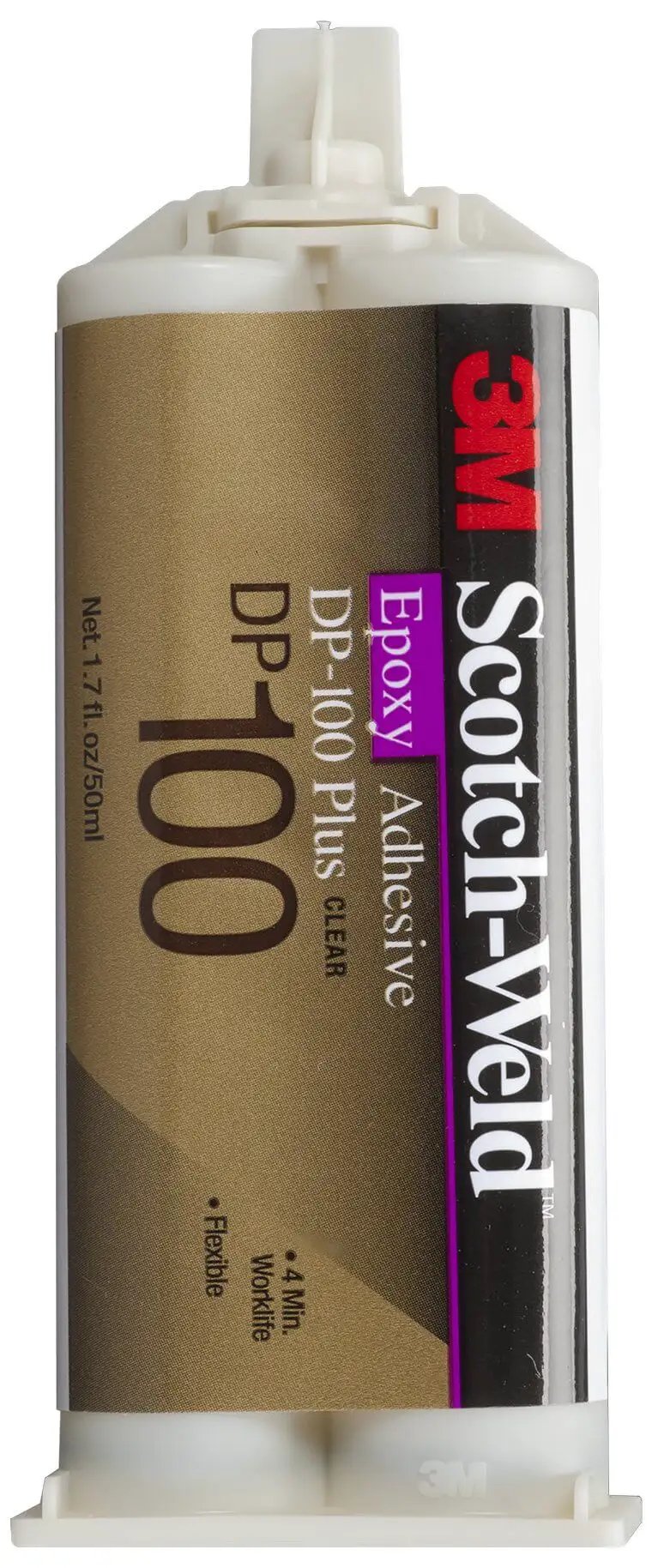 3M Scotch-Weld Clear Epoxy Adhesive DP100 Plus cartridge, showing packaging and labeling for reliable bonding.