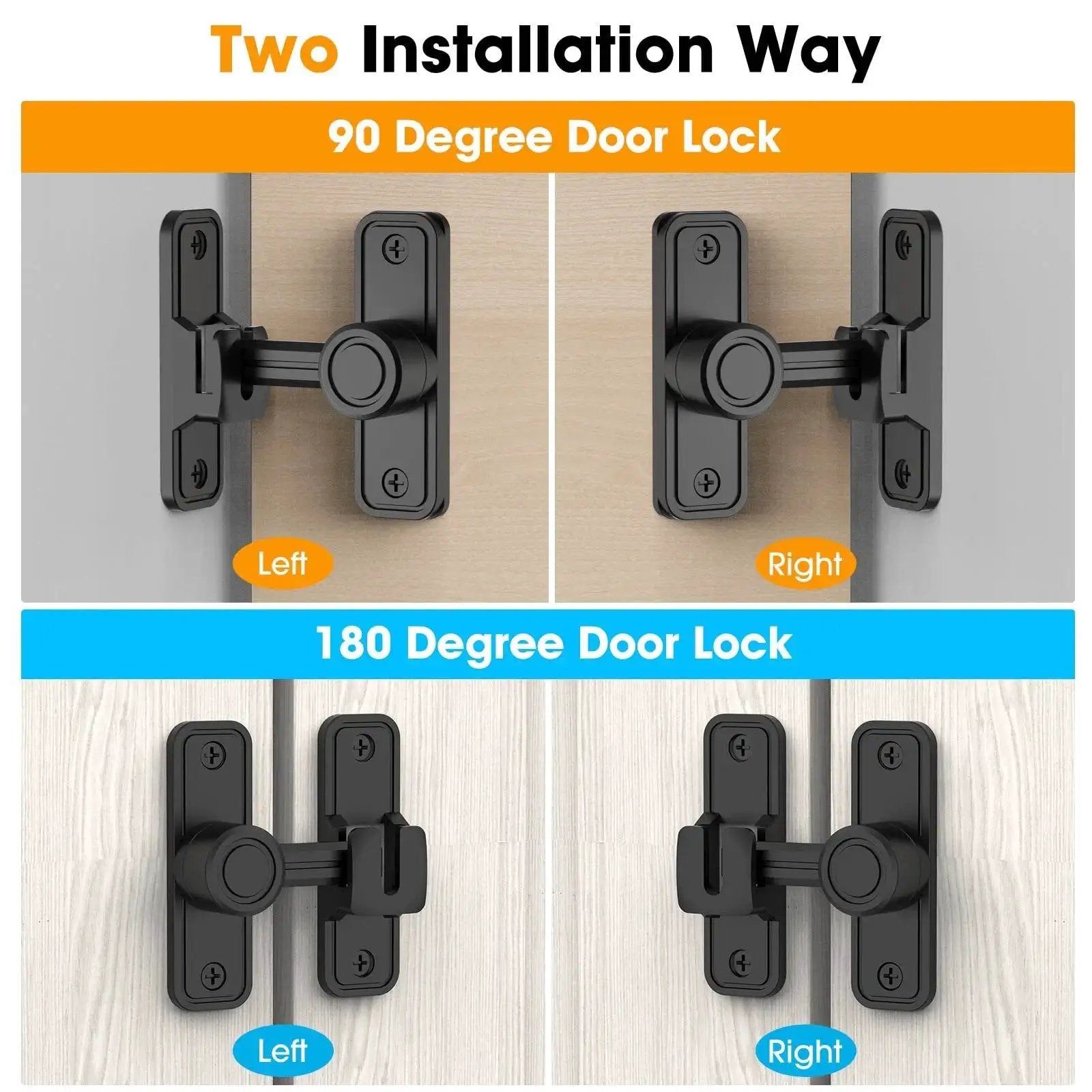 Sliding Barn Door Lock Hardware With 2-In-1 Keyless Entry And 90/180 Degree Mounting shown in two mounting options