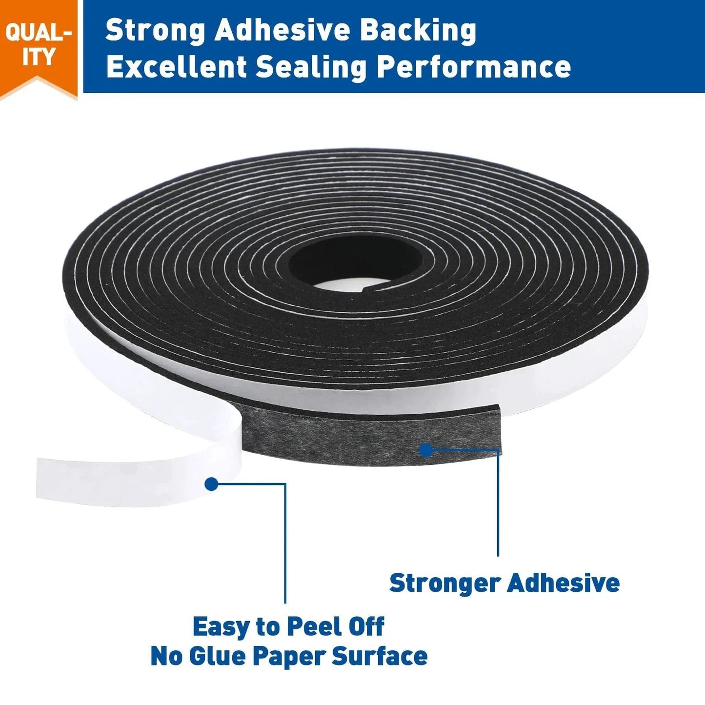 Weather Stripping Door Seal Foam Tape One Half Inch Wide One Eighth Inch Thick Heavy Duty Adhesive Weatherproof Seal For Windows And Doors Black Fifty Feet Total Three Rolls Soundproof No Sweat Draft Stopper, showing roll with adhesive backing
