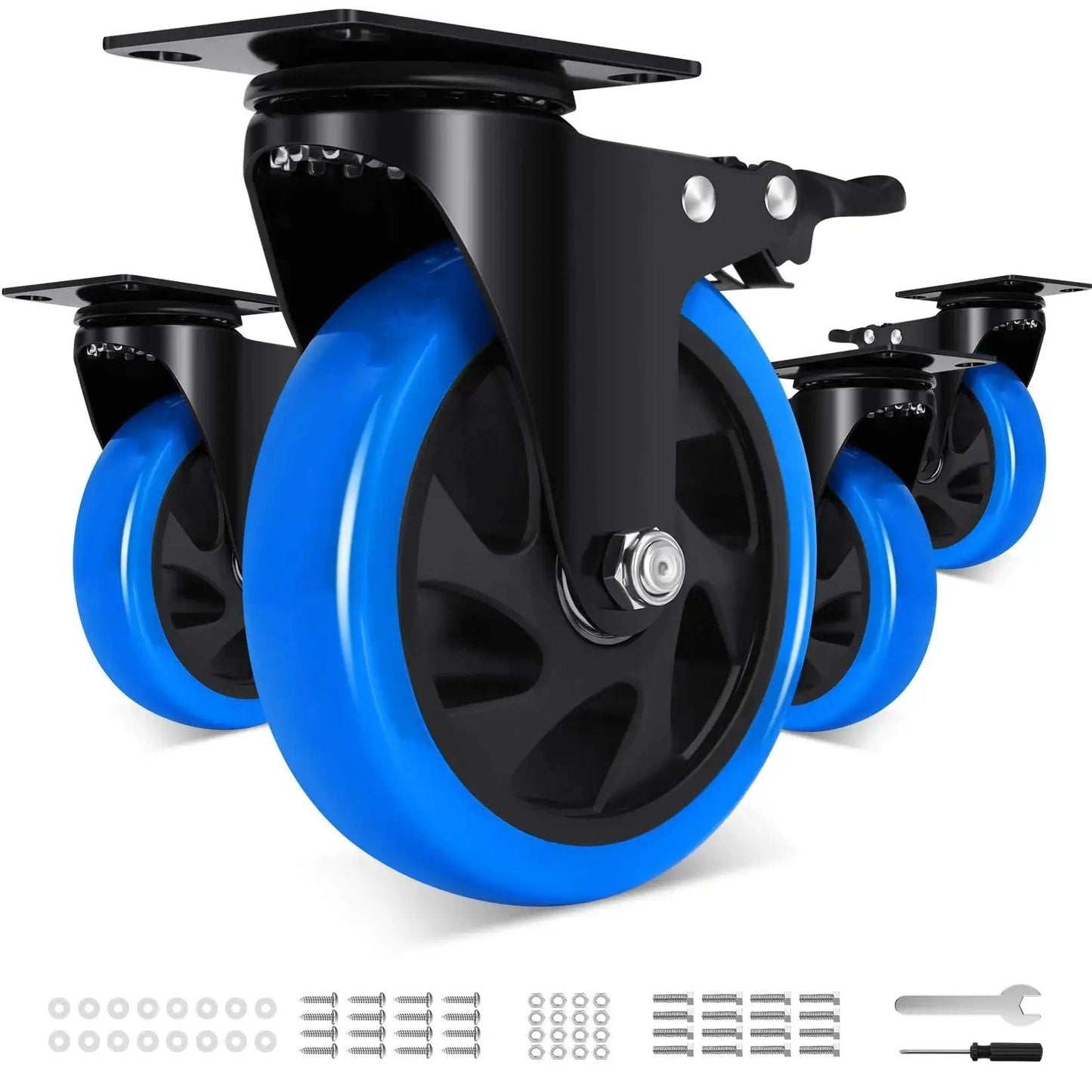 Heavy Duty 5 Inch Caster Wheel Set Of 4 With Brakes For Cart Workbench And Furniture Humagineer with blue polyurethane wheels
