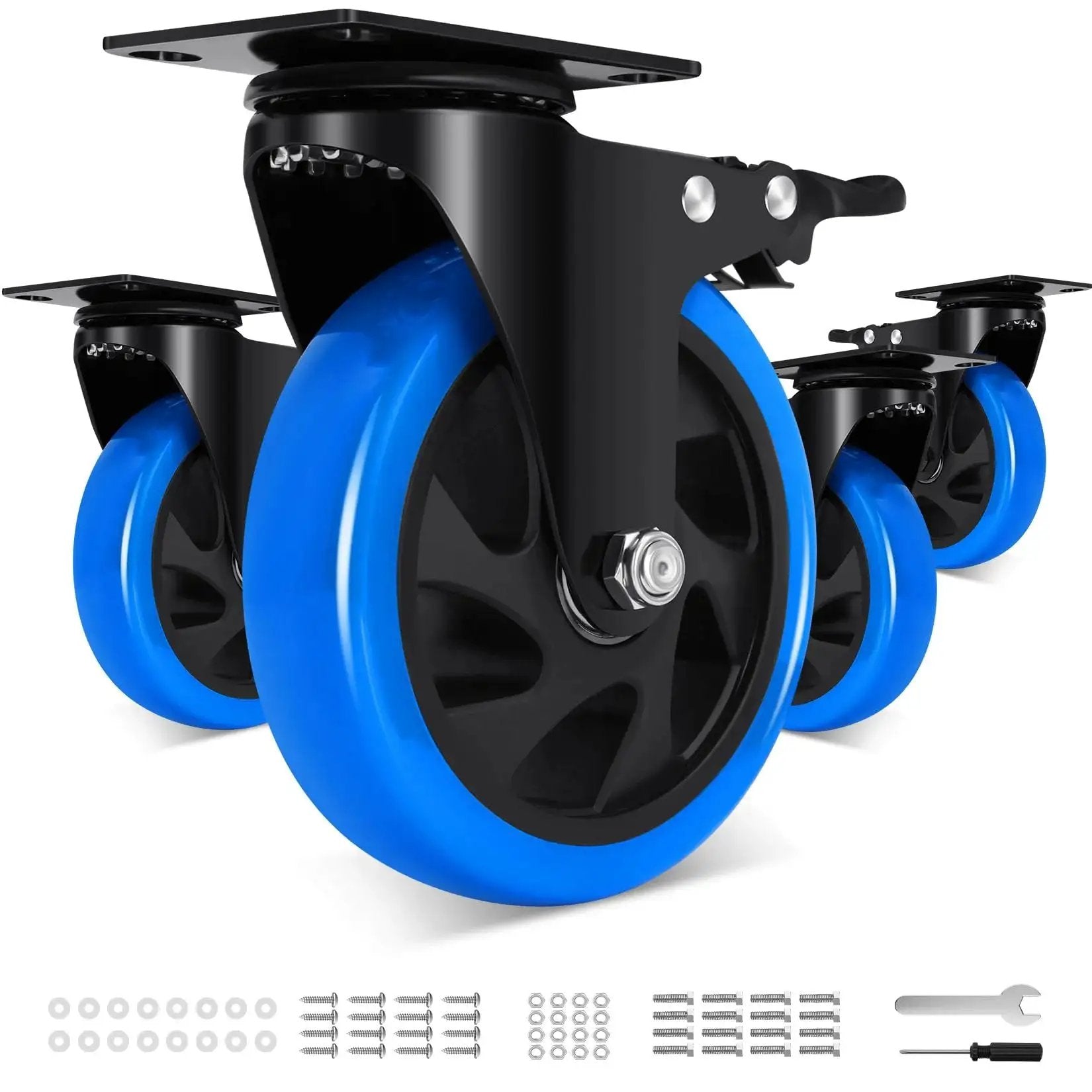 Heavy Duty 5 Inch Caster Wheel Set Of 4 With Brakes For Cart Workbench And Furniture Humagineer with blue polyurethane wheels