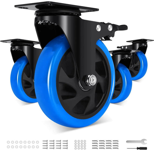 Heavy Duty 5 Inch Caster Wheel Set Of 4 With Brakes For Cart Workbench And Furniture Humagineer with blue polyurethane wheels