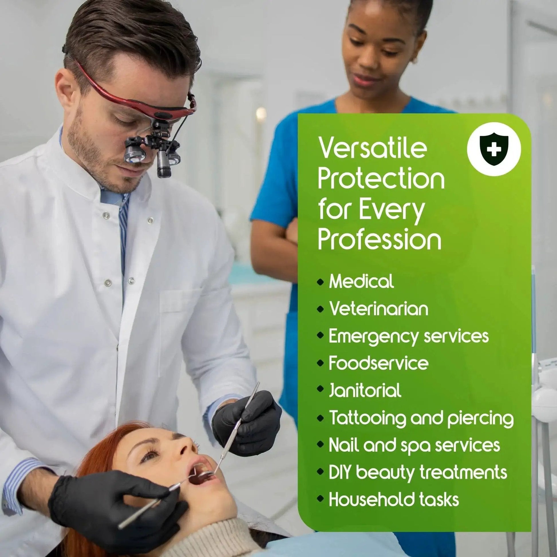 Dentist wearing Heavy Duty 6 Mil Black Nitrile Gloves Latex Free For Industrial Food Tattoo during dental procedure