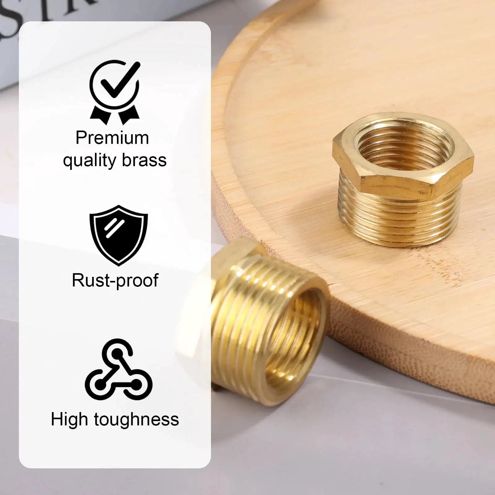 Brass Reducer Hex Bushing Set 3 4 NPT Male To 1 2 NPT Female showing high-quality brass material and rust-proof features.