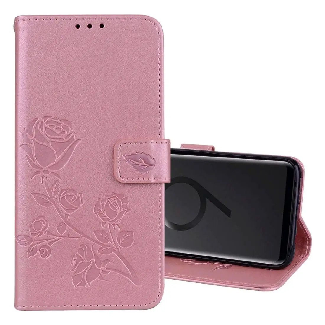 Pink floral embossed phone case with kickstand, showing closed front view and open side view with a smartphone in place.