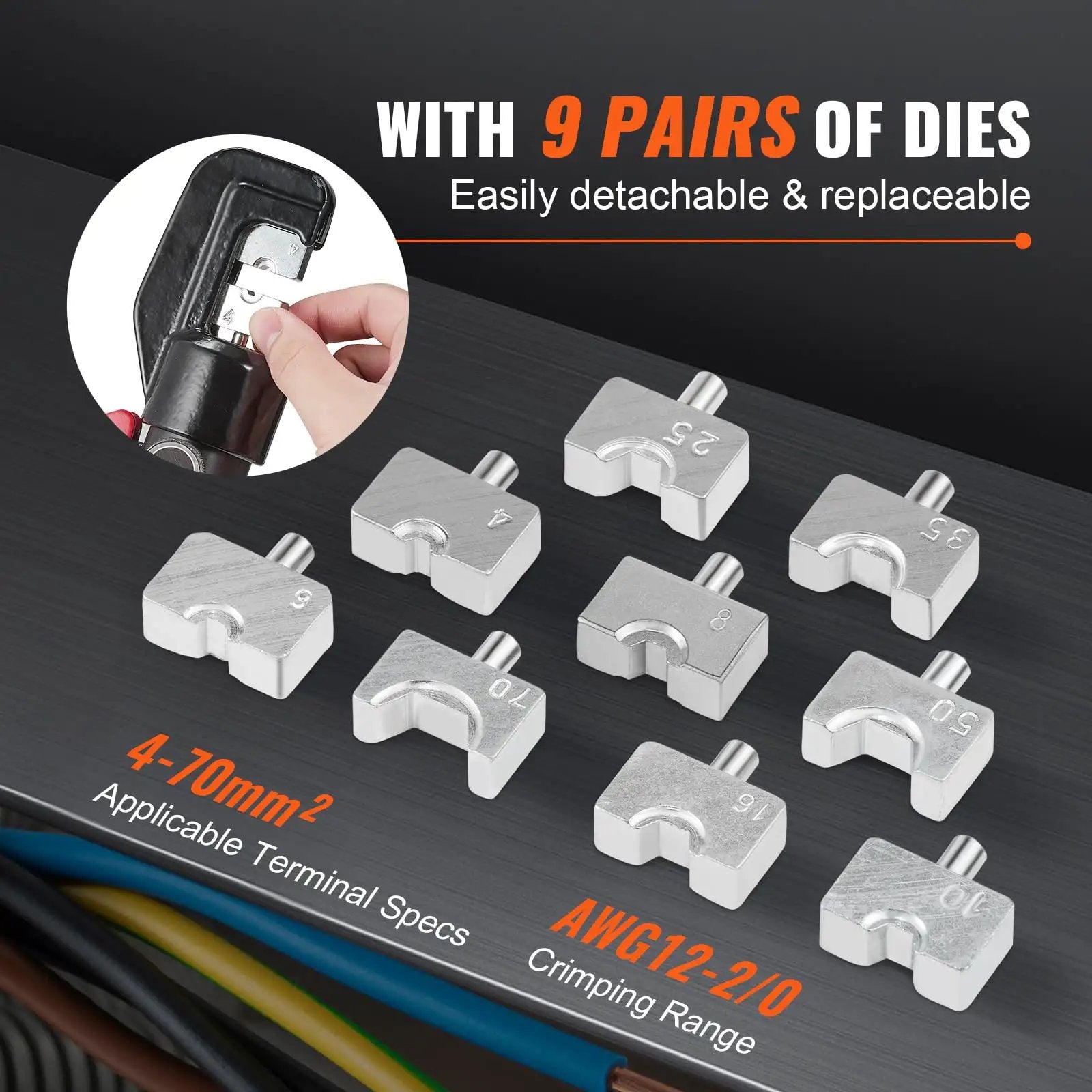Heavy-Duty Hydraulic Crimping Tool Kit for AWG 12 to 2/0 Copper and Aluminum Terminals with 9 pairs of detachable dies