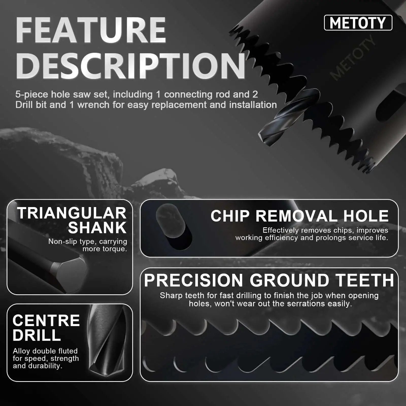 Image of a 9 Piece Hole Saw Kit With Mandrel And Accessories For Soft Wood PVC Board And Home Projects showing triangular shank, chip removal hole, and precision ground teeth.