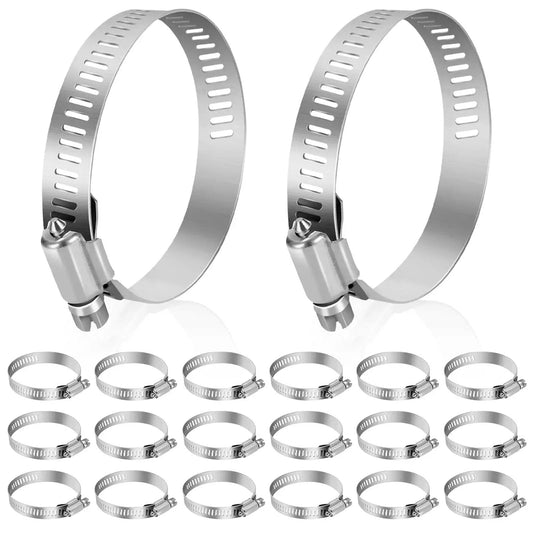 Stainless Steel Hose Clamps 2 Inch To 3 Inch Adjustable Worm Gear Kit 20 Pack Beefy Heavy Duty Clamp Set displayed in rows