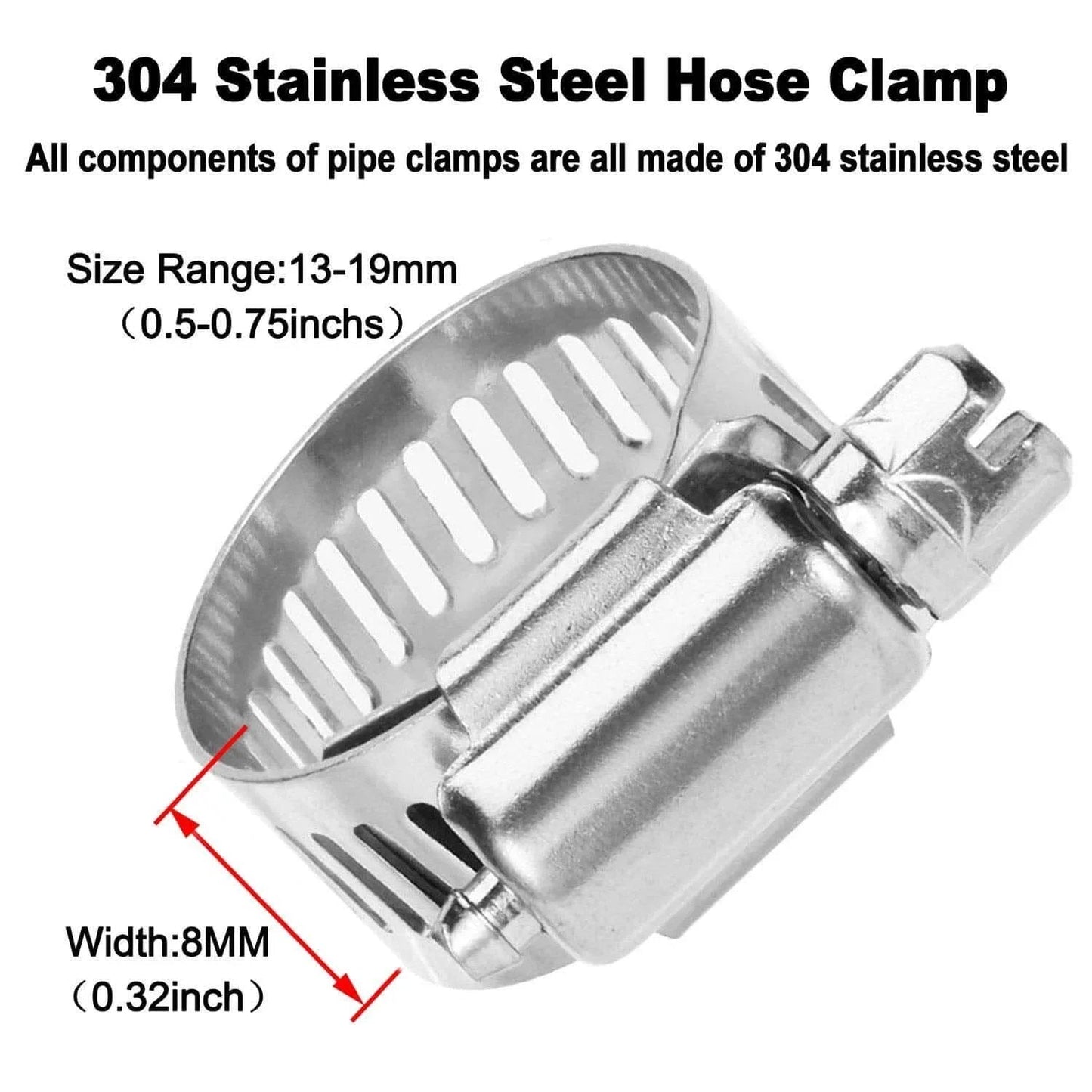 304 stainless steel hose clamp with size range 13-19mm and width 8mm, ideal for Three Eighths Inch Brass Hose Barb Splicer Mender Fittings.
