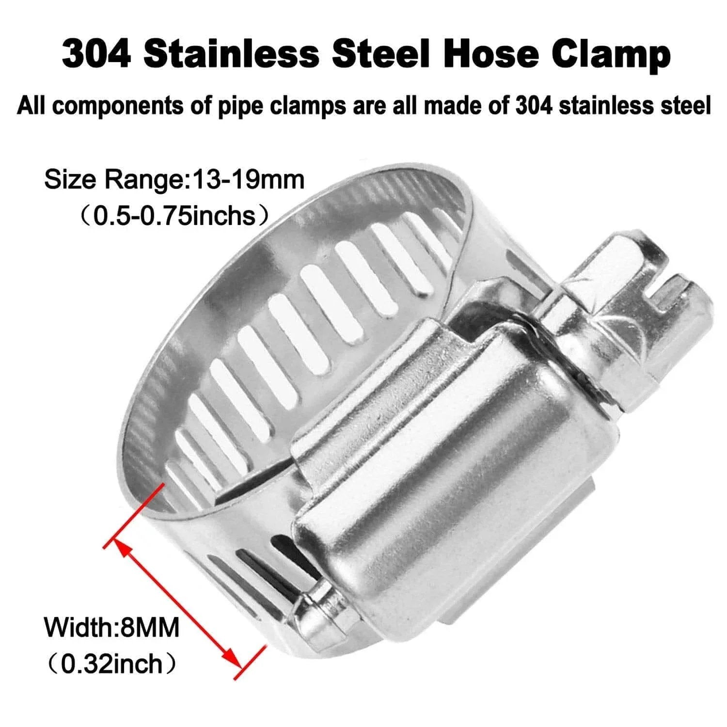 304 stainless steel hose clamp with size range 13-19mm and width 8mm, ideal for Three Eighths Inch Brass Hose Barb Splicer Mender Fittings.