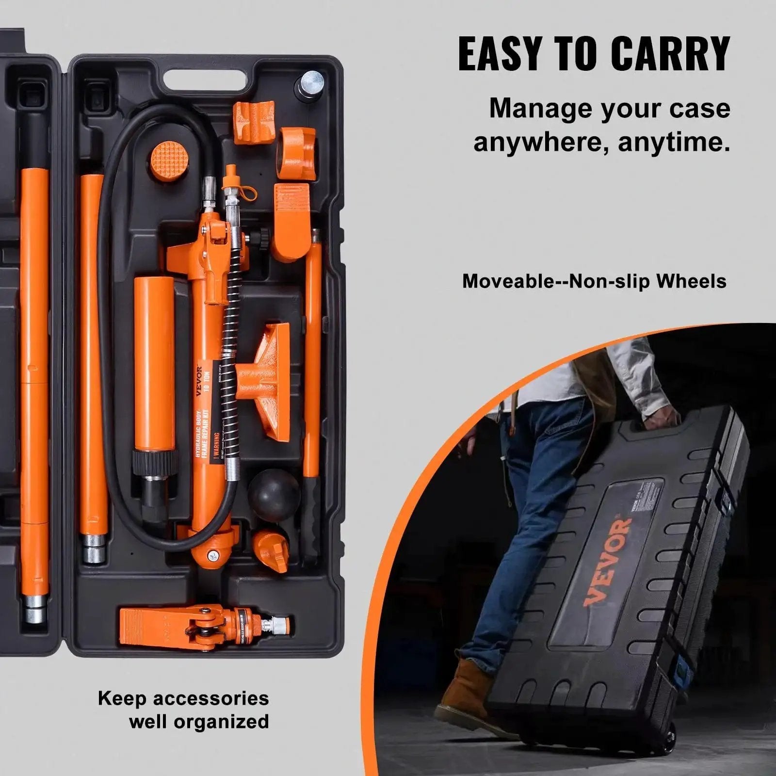 10 Ton Porta Power Hydraulic Kit With Pump 4.6 Ft Hose Bent Frame Repair Tool in portable carrying case