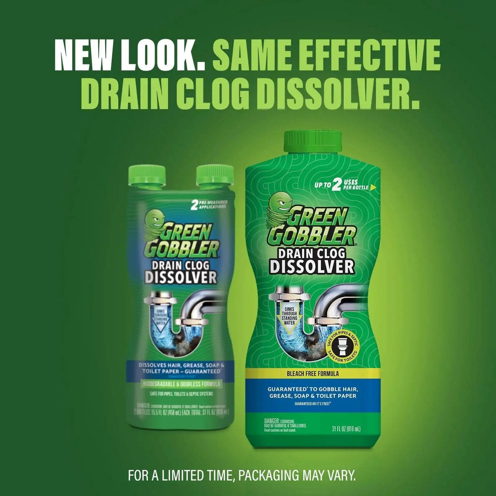 Drain Clog Dissolver Powerful Liquid Opener For Pipes And Septic 2 Pack in green packaging with product details