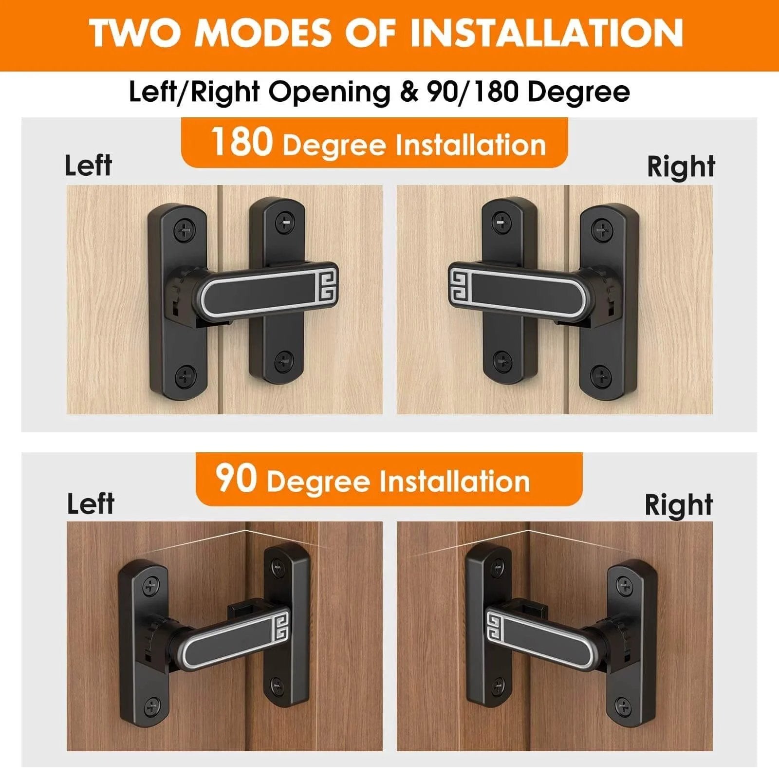Adjustable Barn Door Latch For Self Aligning Sliding Doors With Height Tuning From 0 To 7 Millimeters Locks At Ninety Or One Hundred Eighty Degrees Zinc Alloy Construction In Black And Luminous Finish For Barns Sheds And Garden Fence Doors demonstrating installation modes.