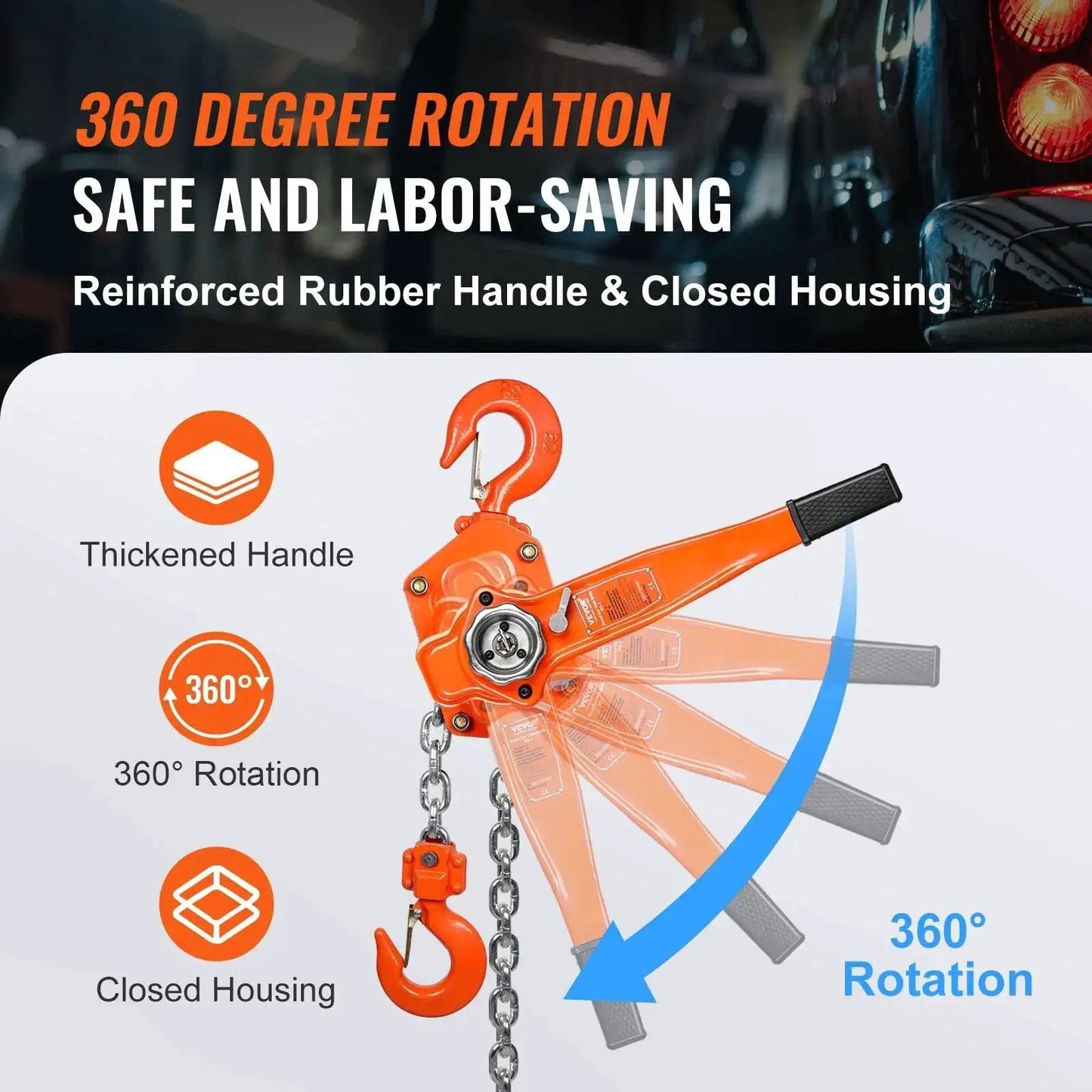 Manual Lever Chain Hoist 3 Ton 6600 Lb, 20 Ft, G80 Weston Brake 360 Degree Hook showing 360° rotation feature