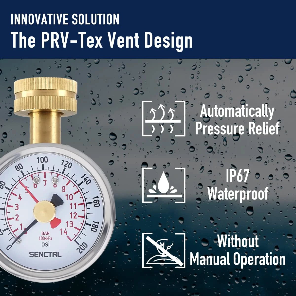 Water Pressure Gauge For Home Use 0-200 PSI With 2.5 Inch Dial Lead Free Stainless Steel Case IP67 Waterproof 3/4 Inch Female Garden Hose Thread Ideal For Potable Water Systems And DIY Home Plumbing highlighting IP67 waterproof feature and automatic pressure relief.