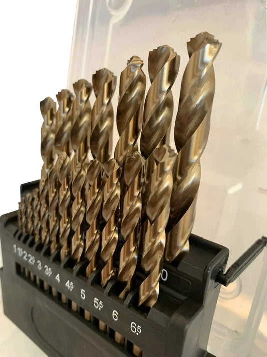 M42 8% Cobalt Twist Drill Bits Set, 19 Pcs, 1mm To 10mm, arranged in a black case, visible size markings.