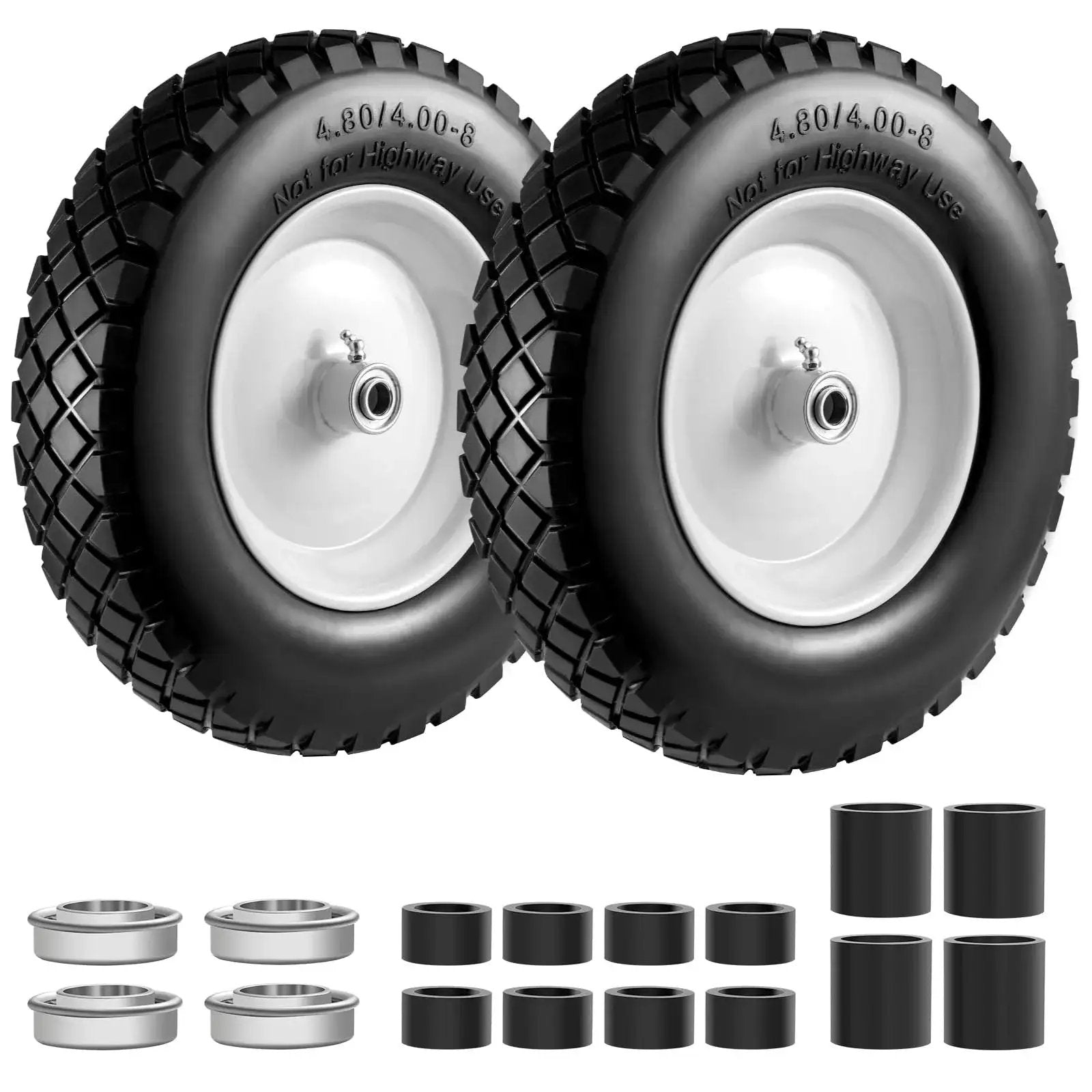 Flat Free Solid Tire And Wheel Set Two Pack 4.80 4.00 8 Inch For Wheelbarrows Hand Trucks Garden Trailers And Wagons With 5/8 Inch And 3/4 Inch Bearings And Adjustable 3 To 7 Inch Centered Hub Universal 14 To 16 Inch Fit