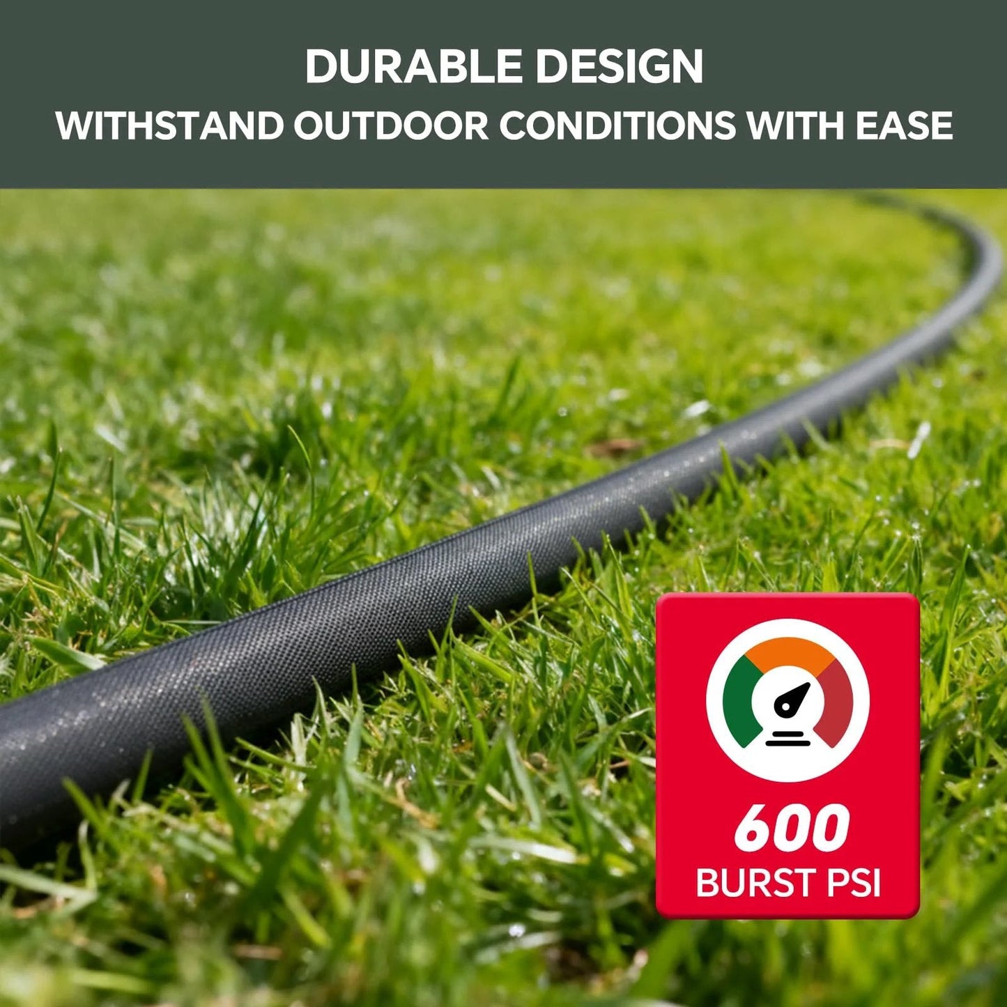 Ultra Lightweight 75ft Non Expanding Garden Hose With Kink Free High Pressure Performance Abrasion Resistant Build All Weather Durability Eco Friendly Design Black Gray laying on grass.