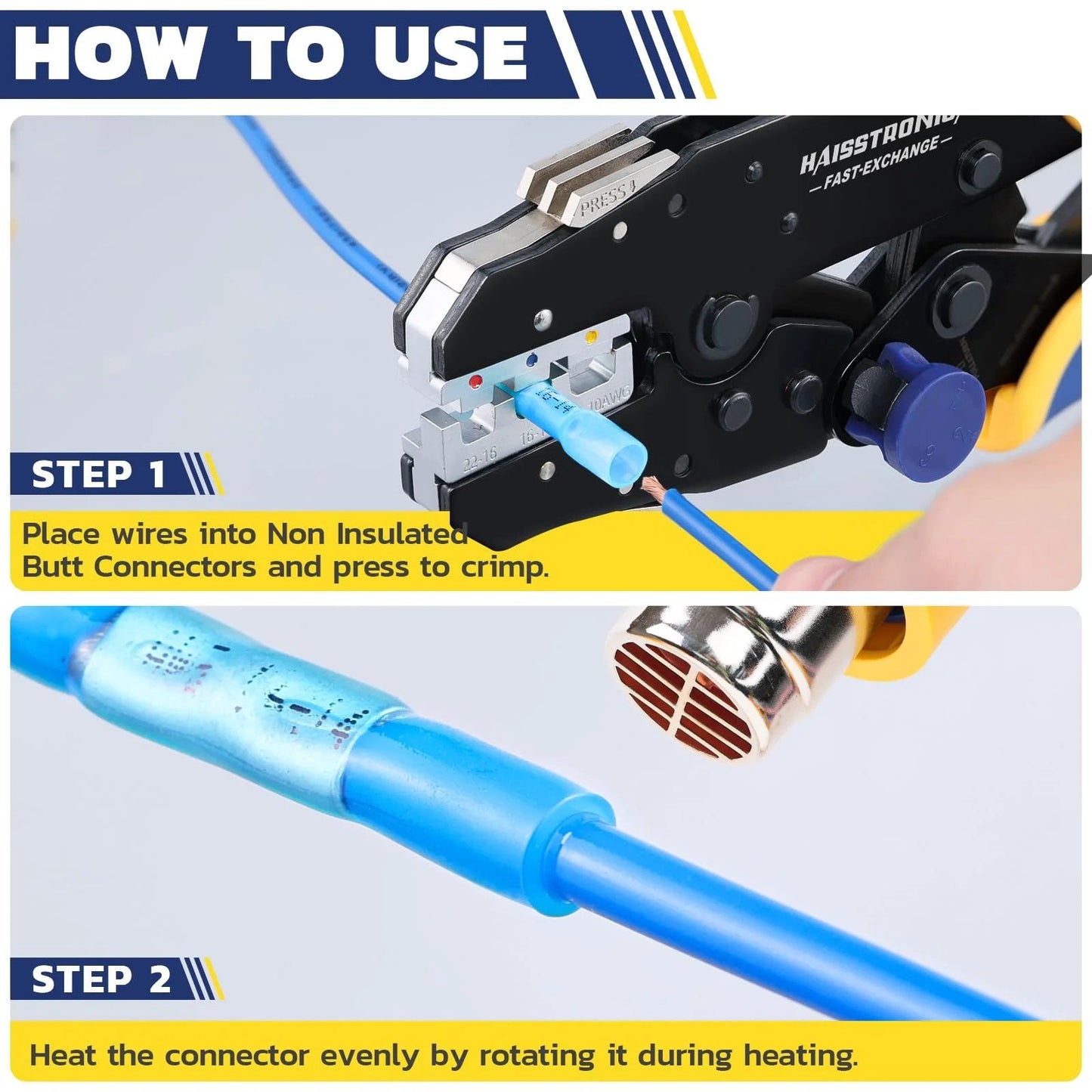 Step-by-step guide showing crimping and heating process of Pro Grade 330 Piece Heat Shrink Butt Connectors Kit by Haisstronica.